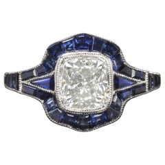 GIA Certified Cushion Cut Diamond and Sapphire Halo Engagement Ring