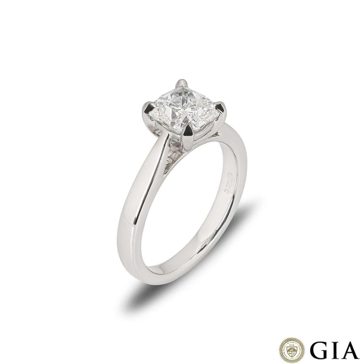 A stunning platinum cushion cut diamond engagement ring. The ring comprises of a cushion cut diamond in a four claw setting with a weight of 1.70ct, F colour and VS1 clarity. The ring is currently a size UK M / EU 52 / US 6 but can be adjusted for a