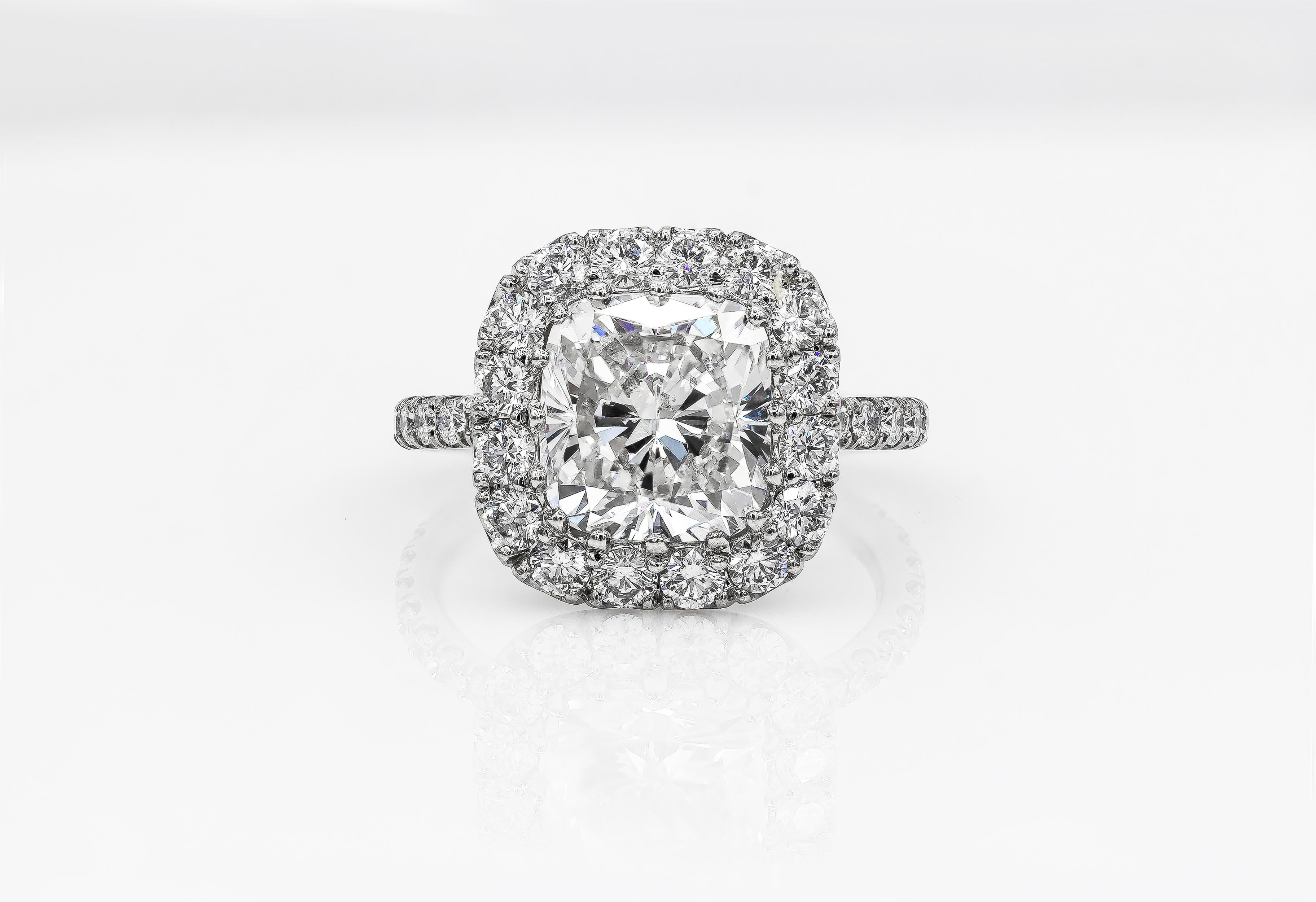 Contemporary Roman Malakov GIA Certified Cushion Cut Diamond Platinum Halo Engagement Ring