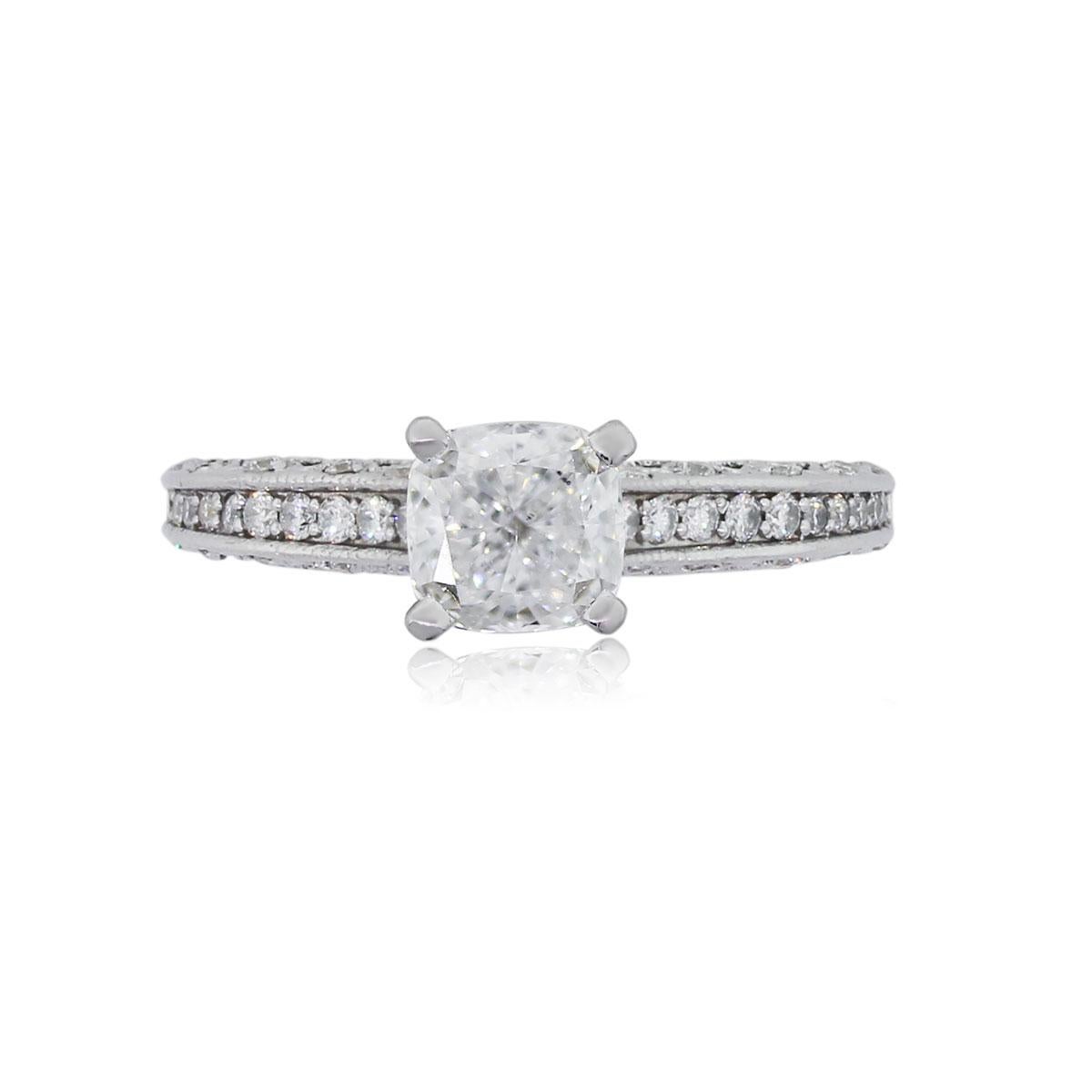 Material: 14k White Gold
Engagement Ring Diamond Details: GIA certified 0.84ct cushion cut diamond, diamond is D in color and VS2 in clarity. Mounting has approximately 0.50ctw of round brilliant diamonds. Diamonds are G in color and VS2 in