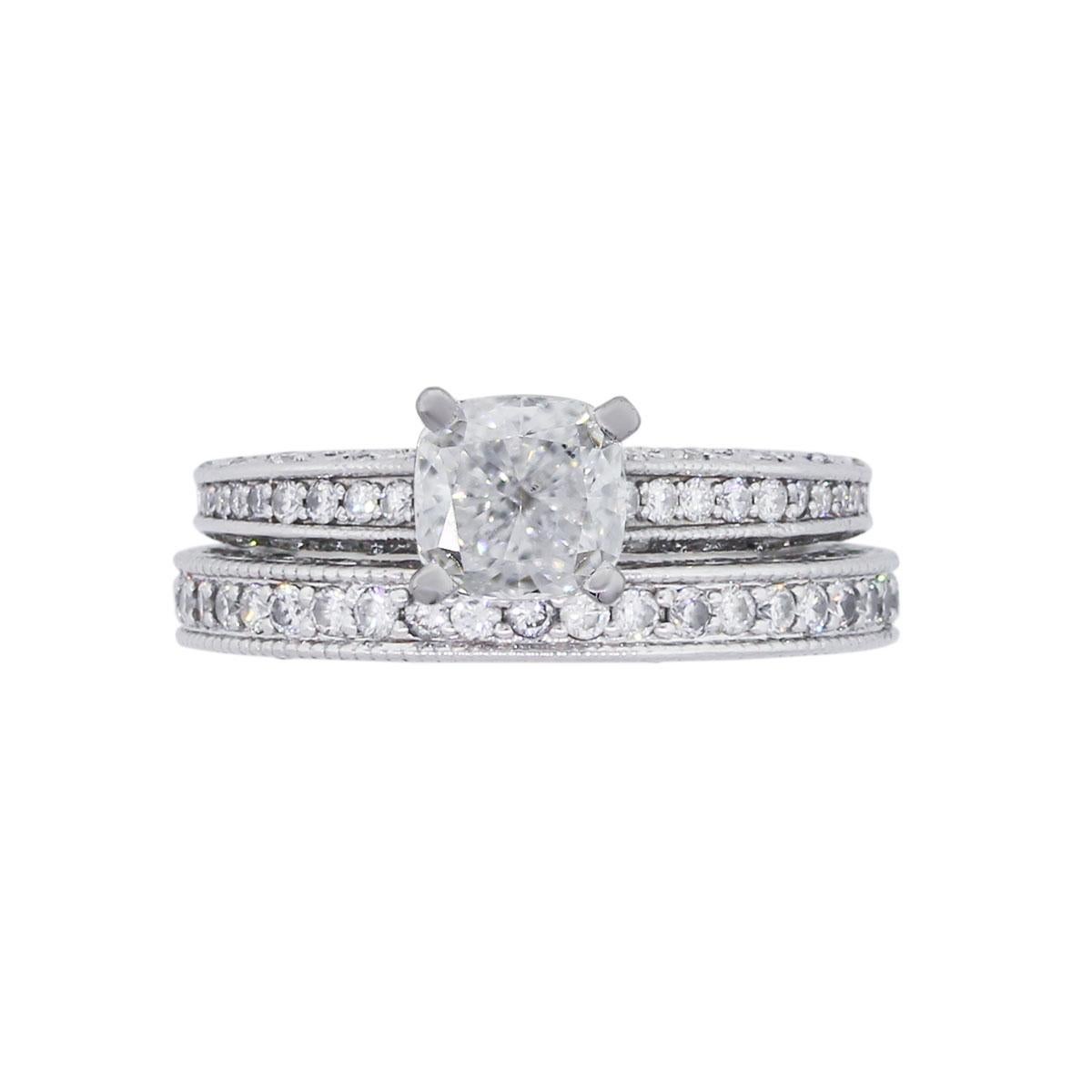GIA Certified Cushion Cut Diamond Ring and Band Set For Sale 2