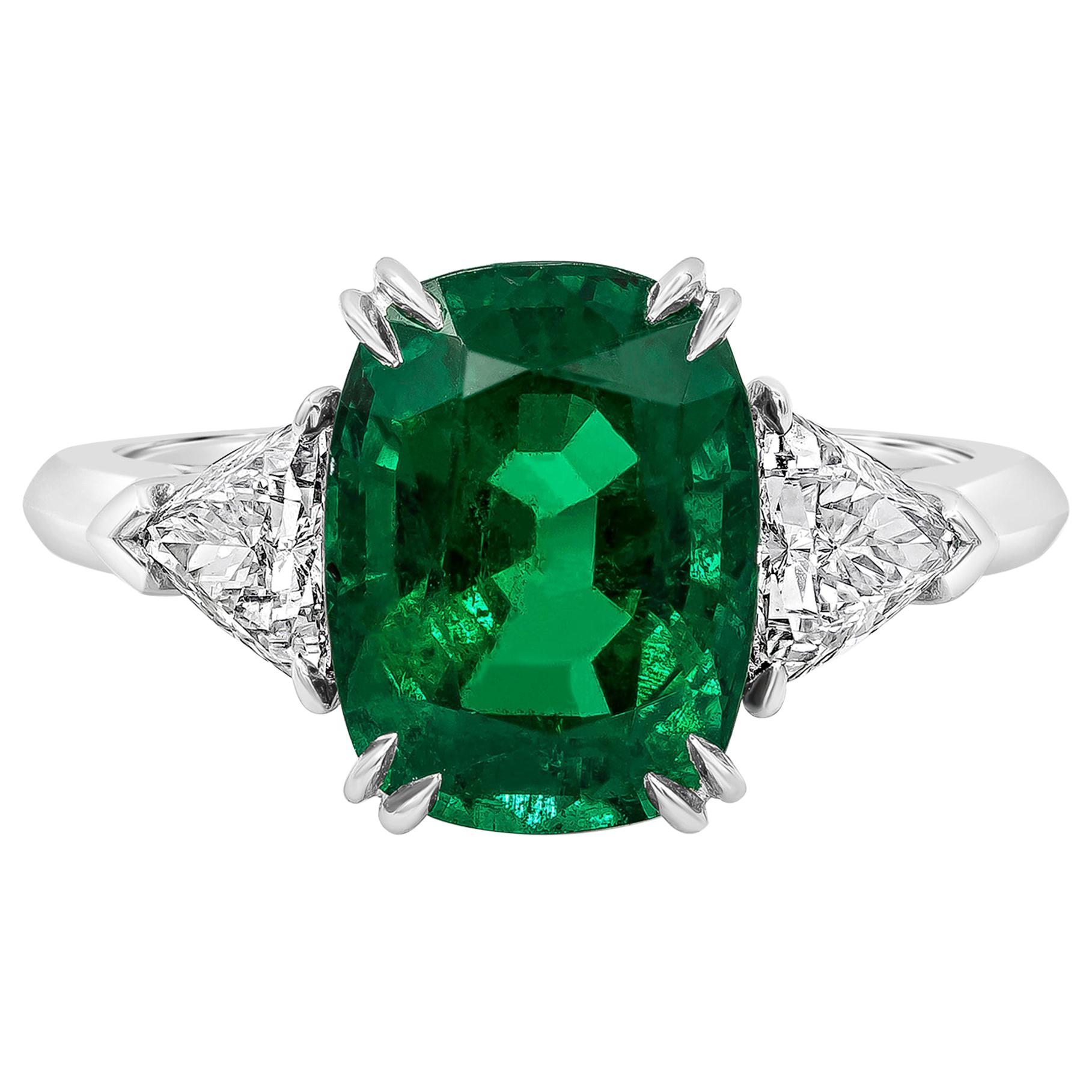Roman Malakov, Cushion Cut Emerald and Diamond Three-Stone Engagement Ring