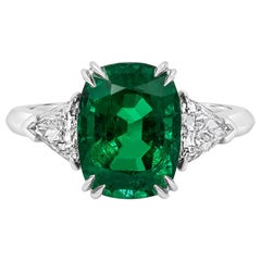 GIA Certified 3.76 Cushion Cut Emerald and Diamond Three-Stone Engagement Ring