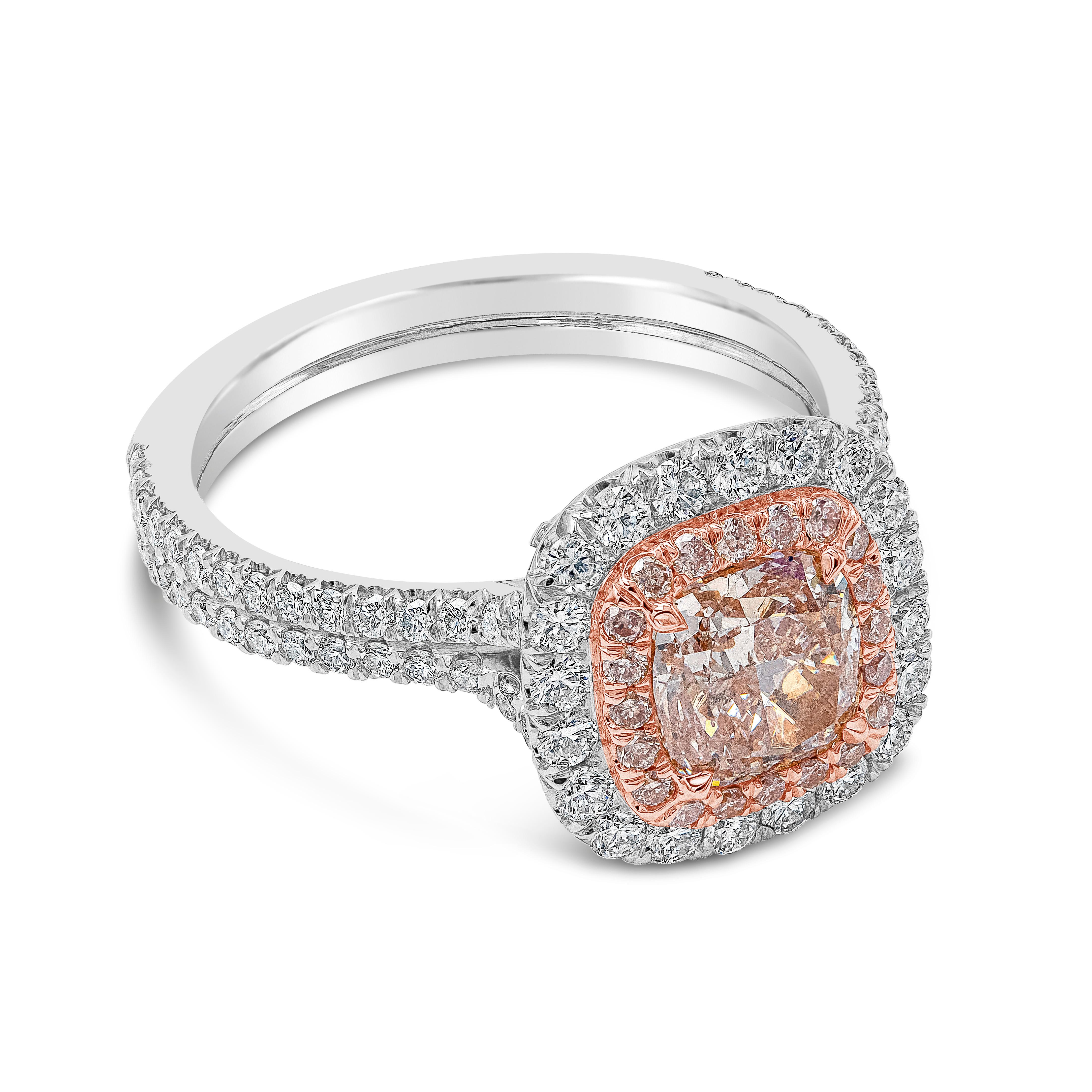 Elegantly made double halo engagement ring showcasing a vibrant 1.23 carat cushion cut diamond certified by GIA as fancy light pink, I1 in clarity, Set in a four prong 18k rose gold setting. Surrounded by a double halo design, inner halo consist of