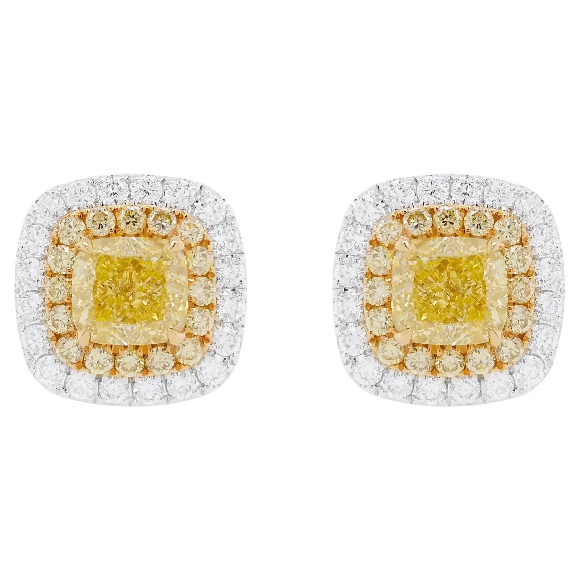 Pendiente de oro de 18 quilates con diamante amarillo de fantasía y diamante blanco, talla cojín, certificado por el GIA