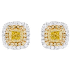 GIA-zertifizierter Ohrring aus gelbem und weißem Diamanten mit Kissenschliff aus 18KGold