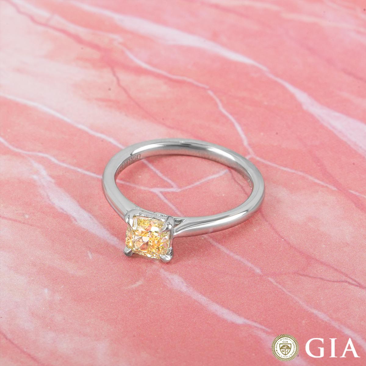 GIA Certified Cushion Cut Fancy Yellow Diamond Engagement Ring 1.01 Carat In Excellent Condition In London, GB