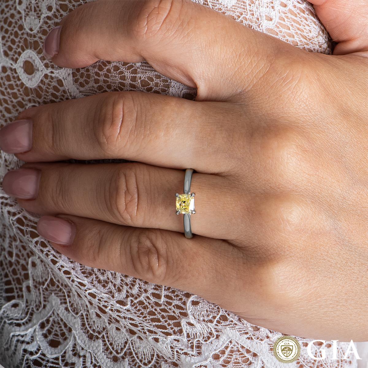 Women's GIA Certified Cushion Cut Fancy Yellow Diamond Engagement Ring 1.01 Carat
