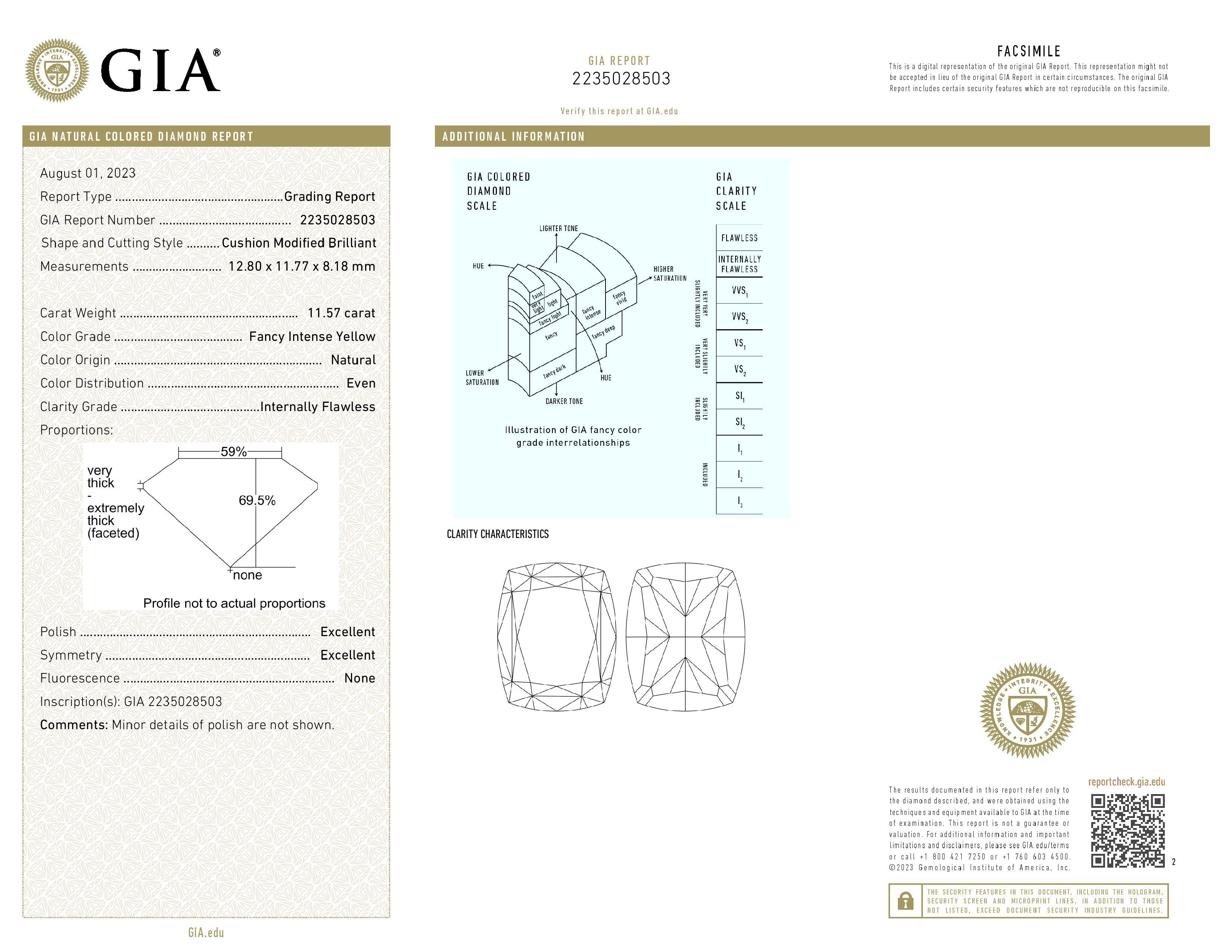 An exquisite 11.57 investment grade diamond certified by GIA. The cushion cut diamond is Internally Flawless clarity, excellent polish, excellent symmetry and no fluorescence.

We can custom design as per your request, additional fees may apply