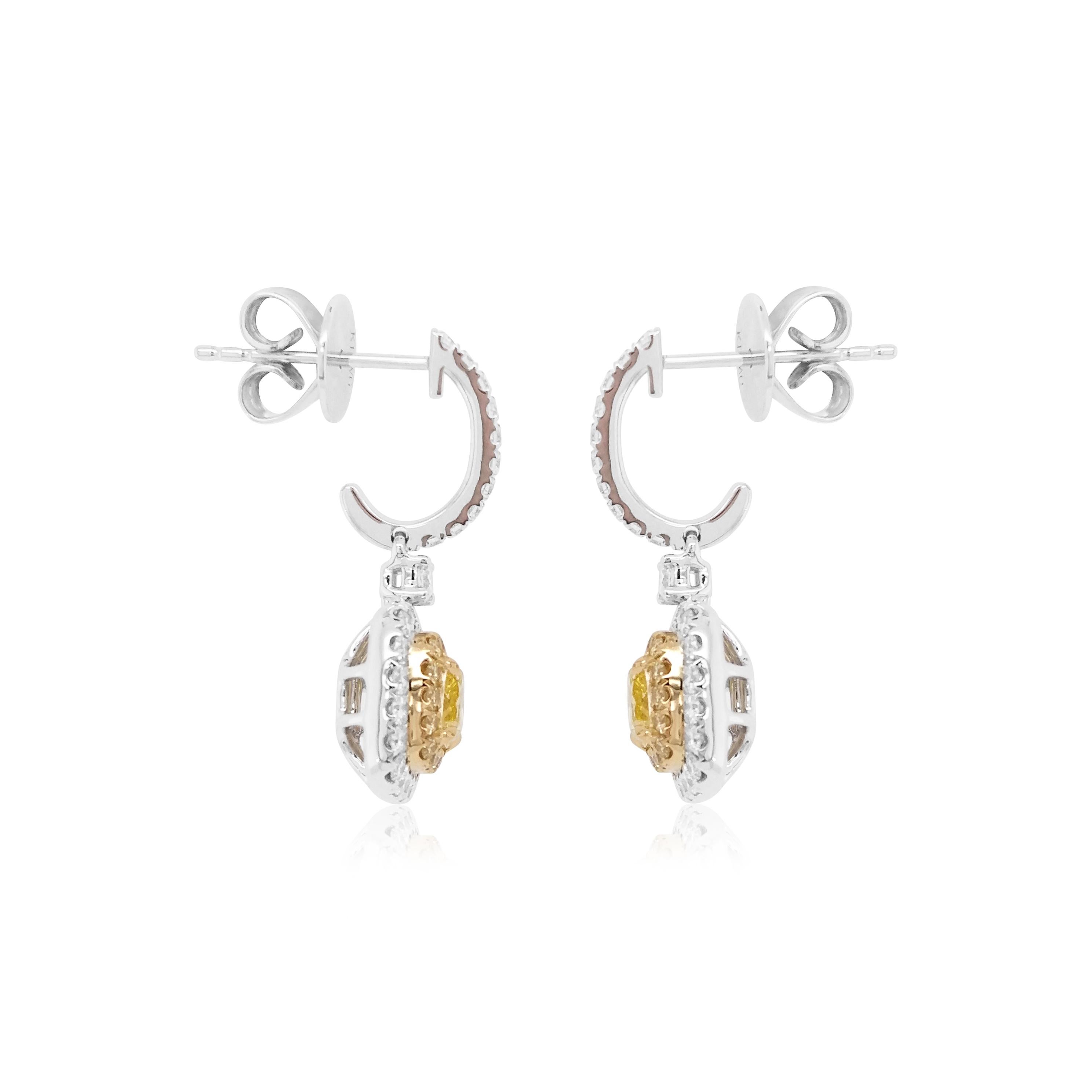 GIA-zertifizierte Cushion cut Natural Fancy Yellow Diamond Dangle Earrings 18K Gold (Art déco) im Angebot
