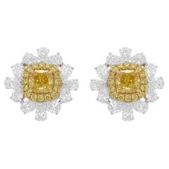 GIA Certified Cushion cut Natural Fancy Yellow Diamond Earrings in 18K Gold
