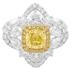 GIA Certified Cushion cut Natural Yellow Diamond Ring and Pendant in 18K Gold