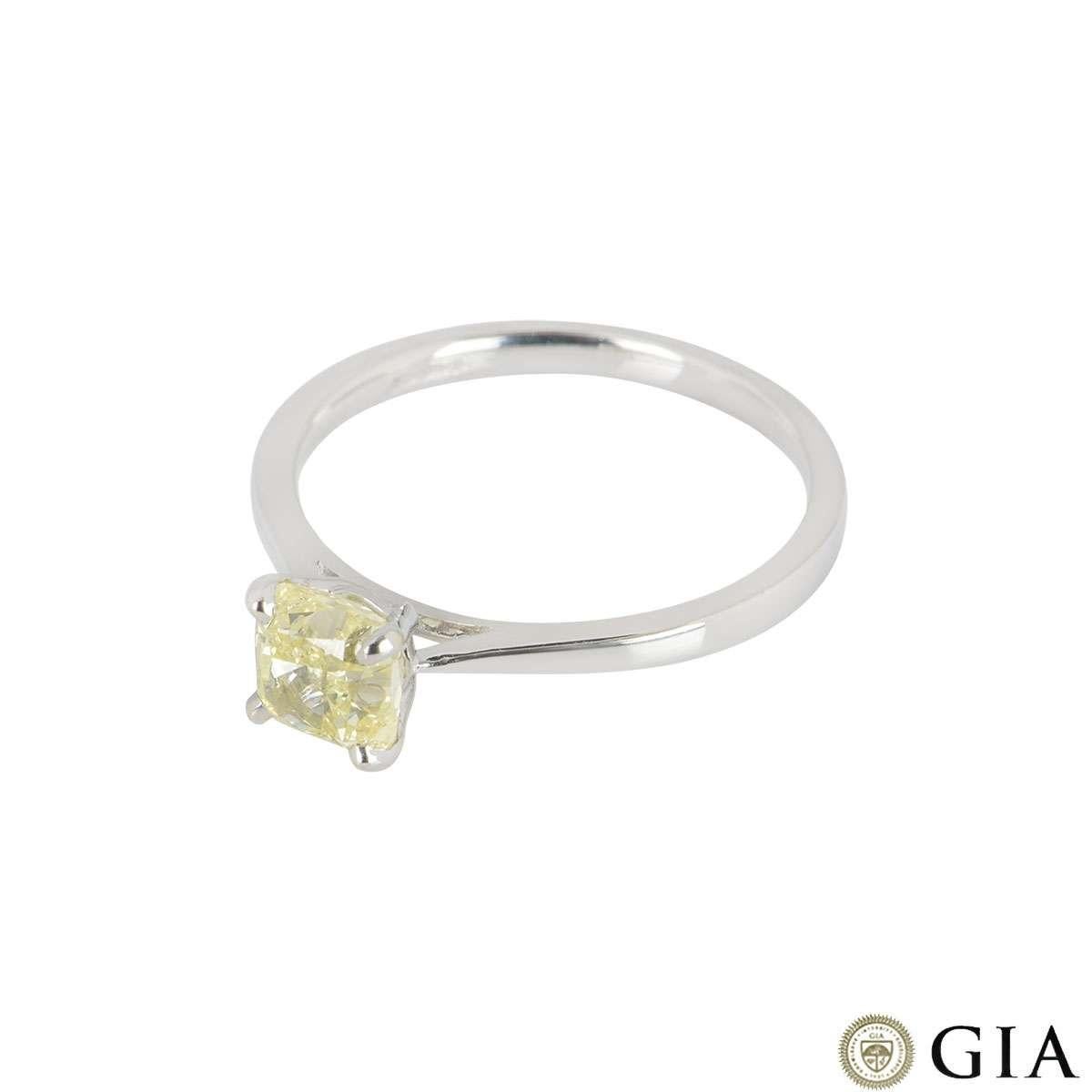 GIA Certified Cushion Cut Platinum Fancy Yellow Diamond Ring 1.03 Carat In New Condition In London, GB