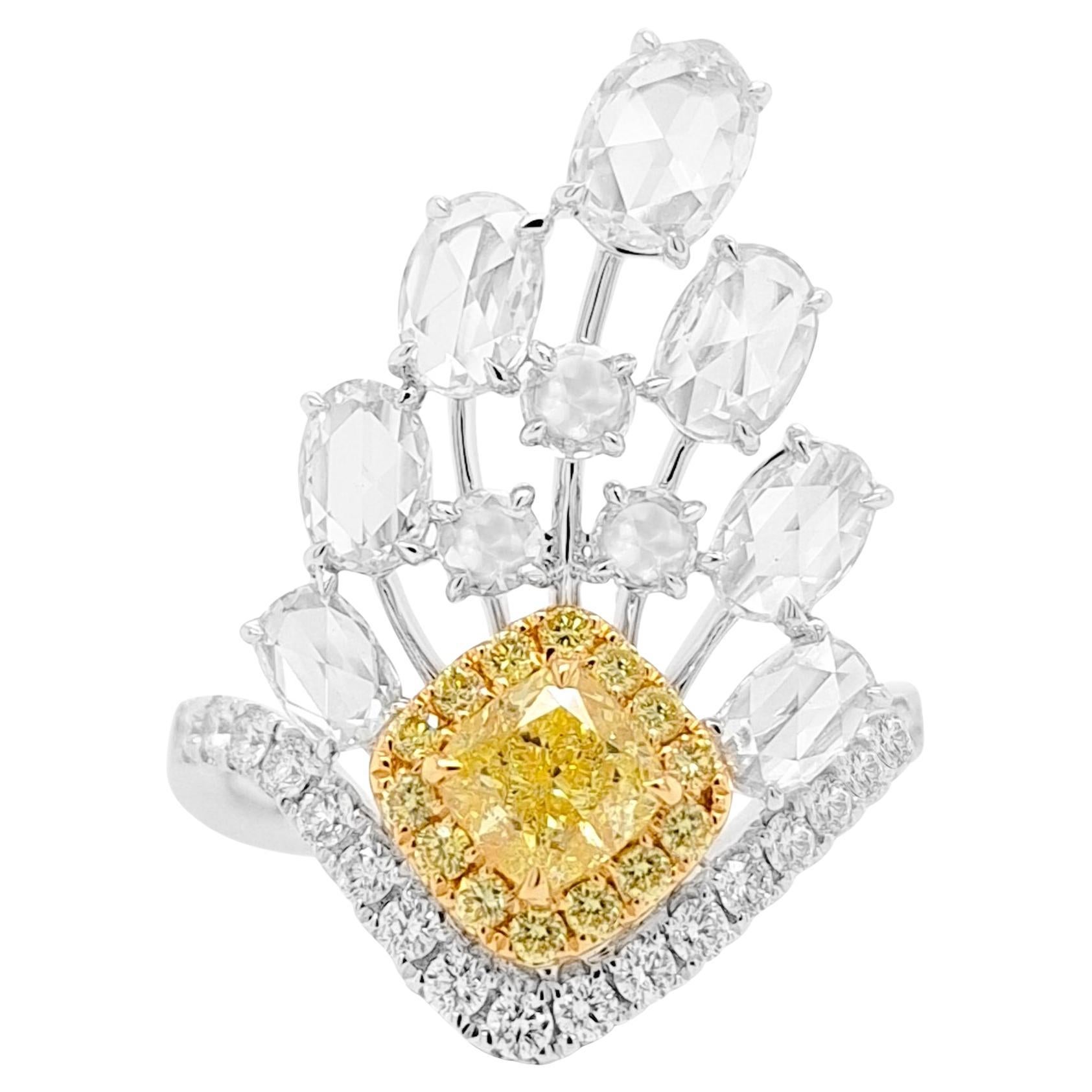 GIA certified Cushion cut Yellow Diamond and Rosecut White Diamond 18K Gold ring