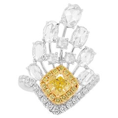 GIA certified Cushion cut Yellow Diamond and Rosecut White Diamond 18K Gold ring