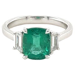 GIA Certified Cushion Emerald & Diamond Three Stone Ring in Platinum