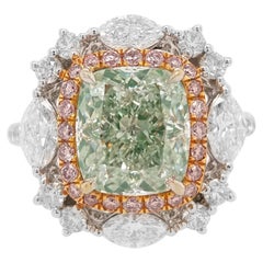 Bague en or 18 carats avec coussin certifié GIA, diamant vert naturel et diamant rose