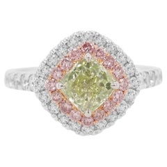 GIA Certified cushion Natural Green Diamond and Pink Diamond Ring in 18K Gold