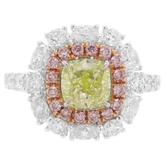 GIA Certified cushion Natural Green Diamond and Pink Diamond Ring in 18K Gold