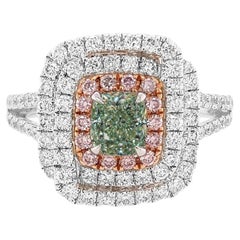 GIA Certified cushion Natural Green Diamond and Pink Diamond Ring in 18K Gold