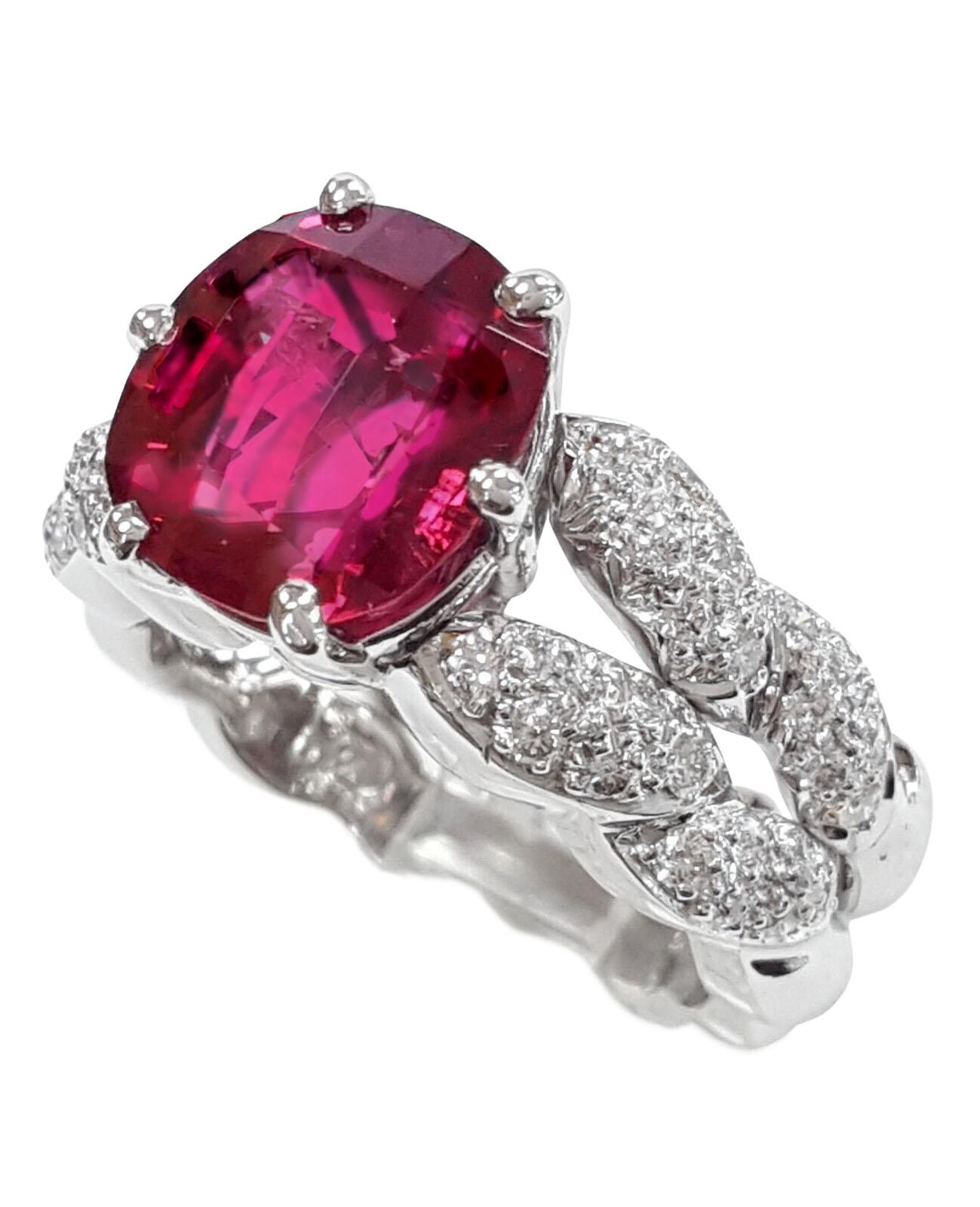 Modern GIA Certified Cushion Red Spinel Diamond Platinum Ring For Sale