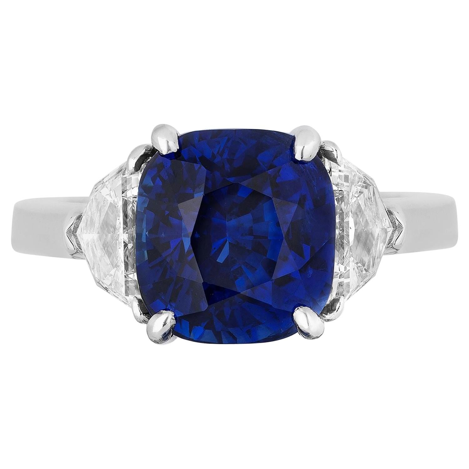 GIA Certified Cushion Shape Royal Blue Sapphire Ring Eapulette Diamonds