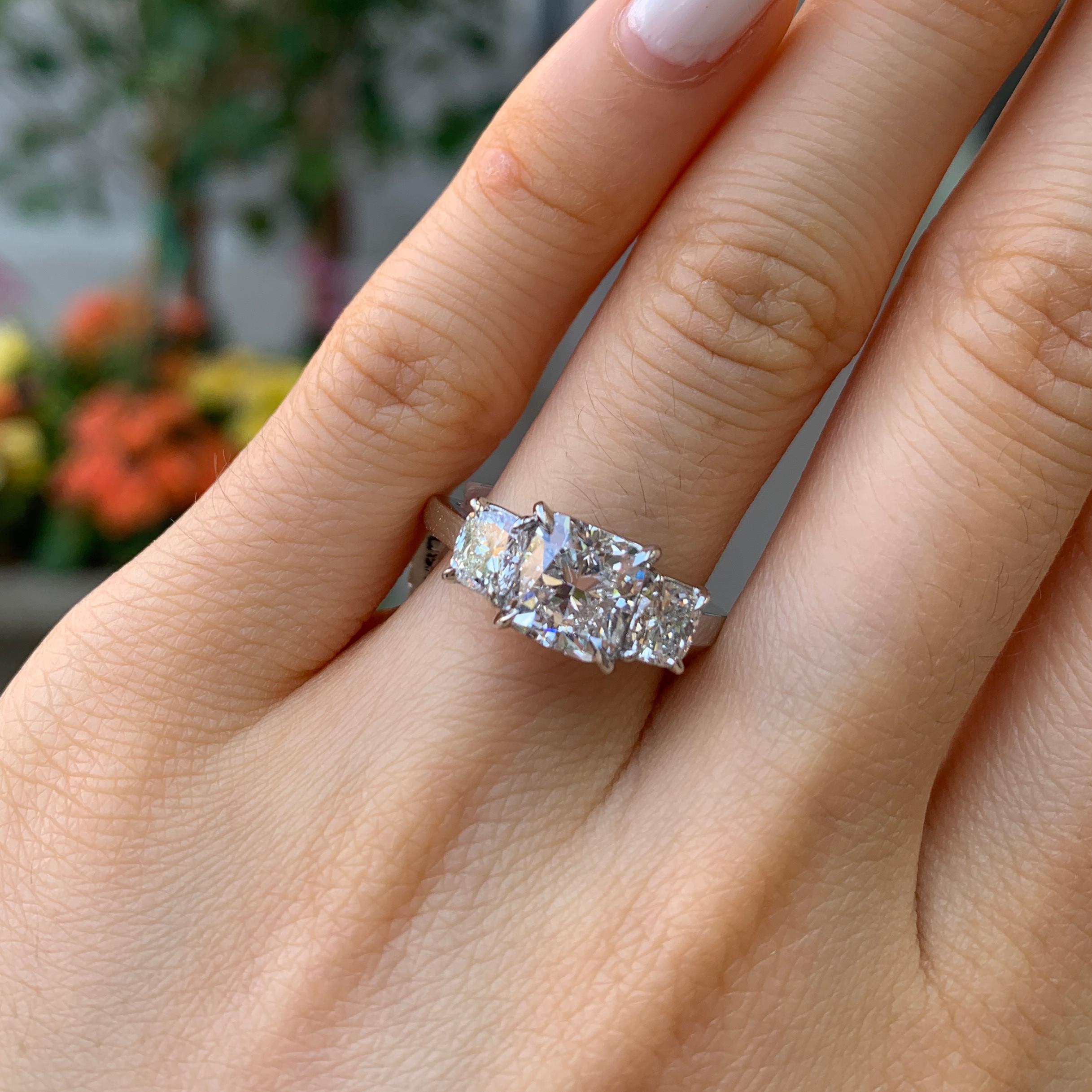 GIA Certified Cushion Shaped Diamond 3-Stone Platinum Engagement Ring In New Condition In Greenwich, CT