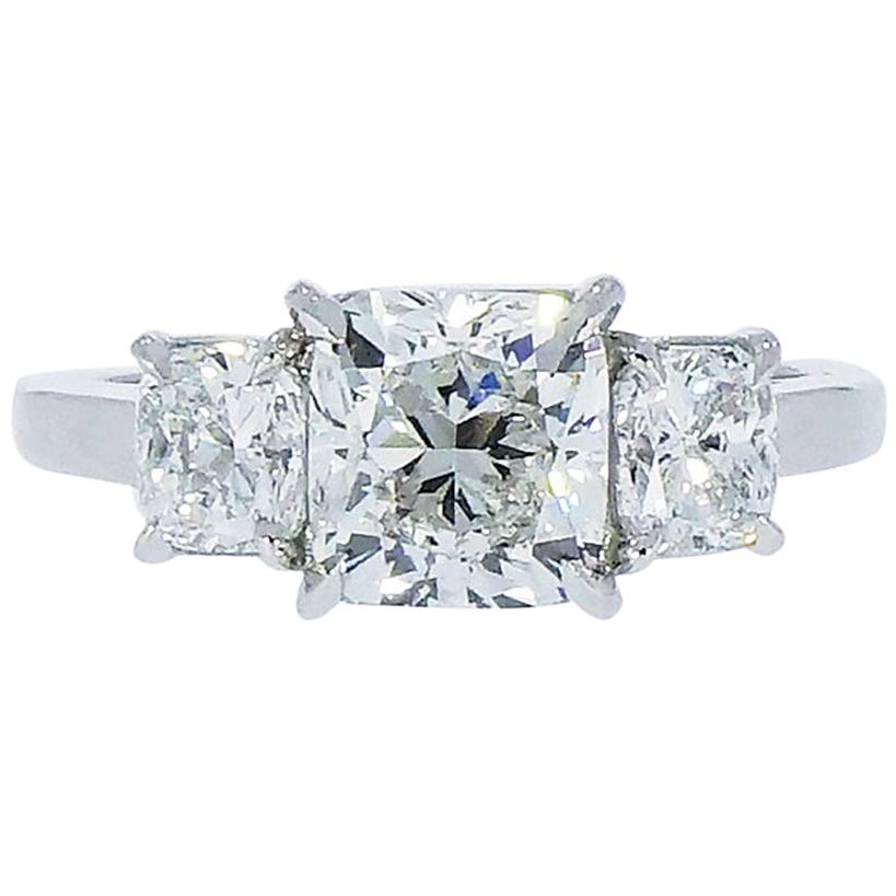 GIA Certified Cushion Shaped Diamond 3-Stone Platinum Engagement Ring ...
