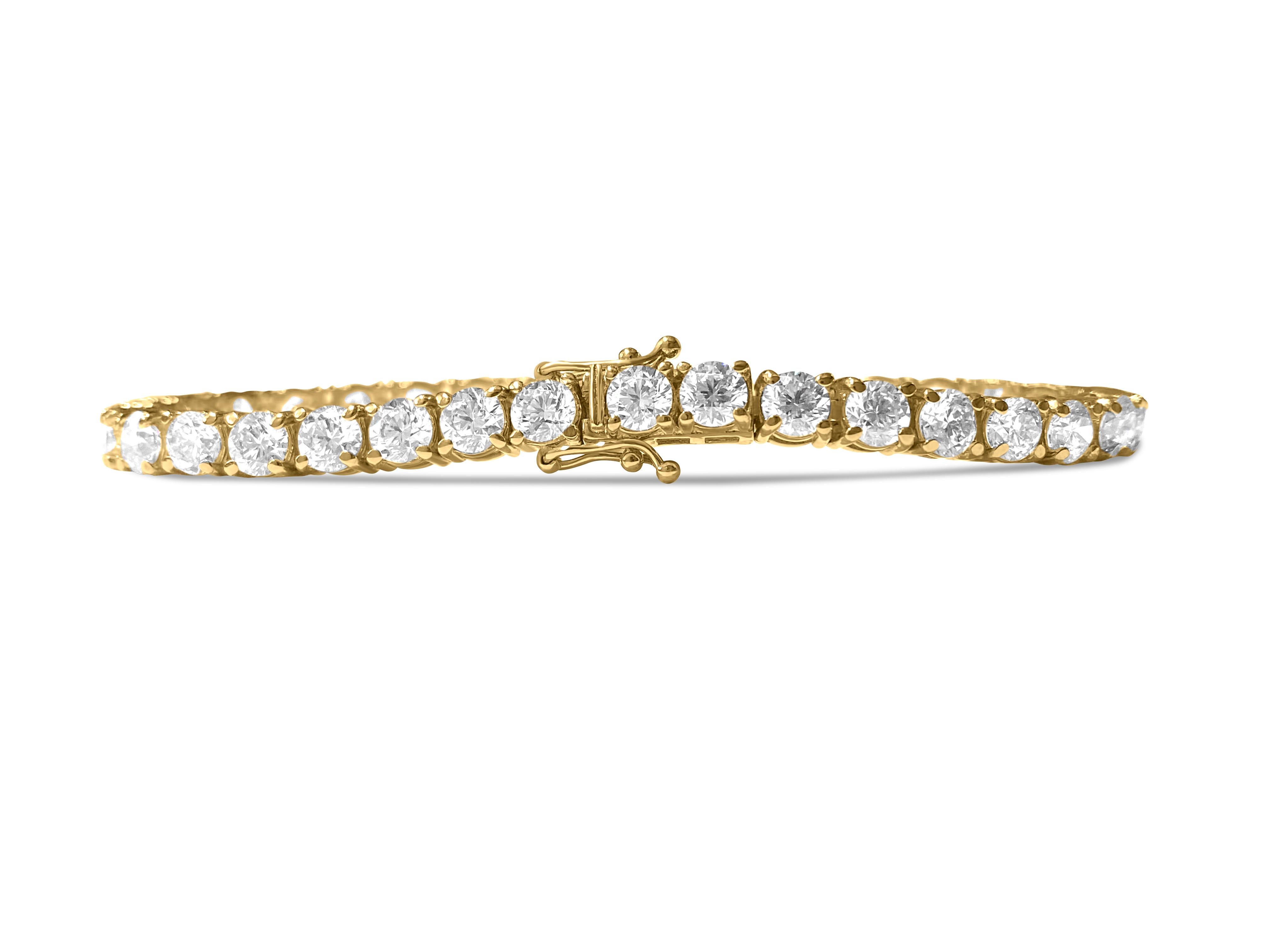 Contemporary GIA Certified Custom 14.00 Carat Diamond Tennis Bracelet in 14 Karat Yellow Gold For Sale