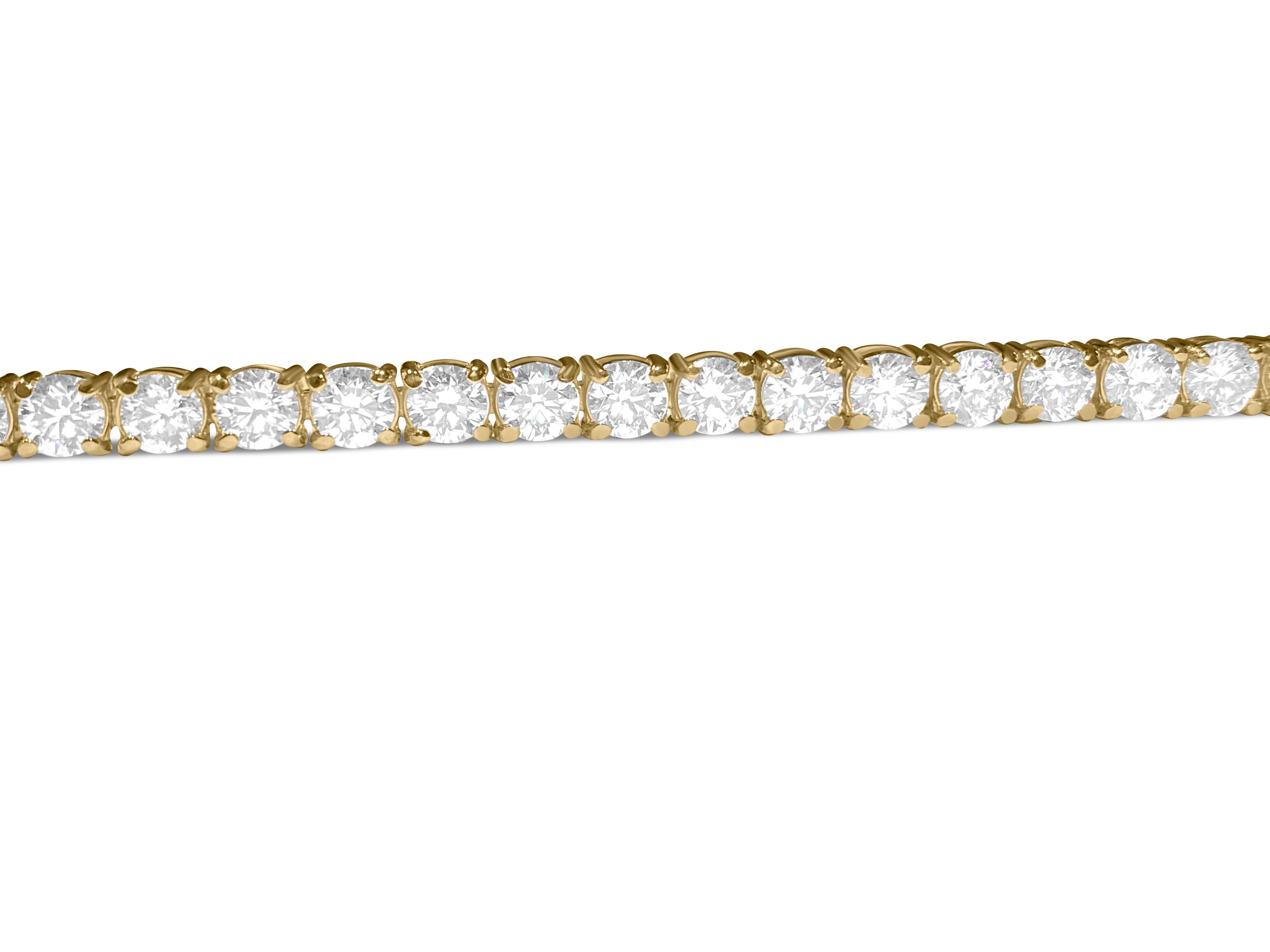 Round Cut GIA Certified Custom 14.00 Carat Diamond Tennis Bracelet in 14 Karat Yellow Gold For Sale