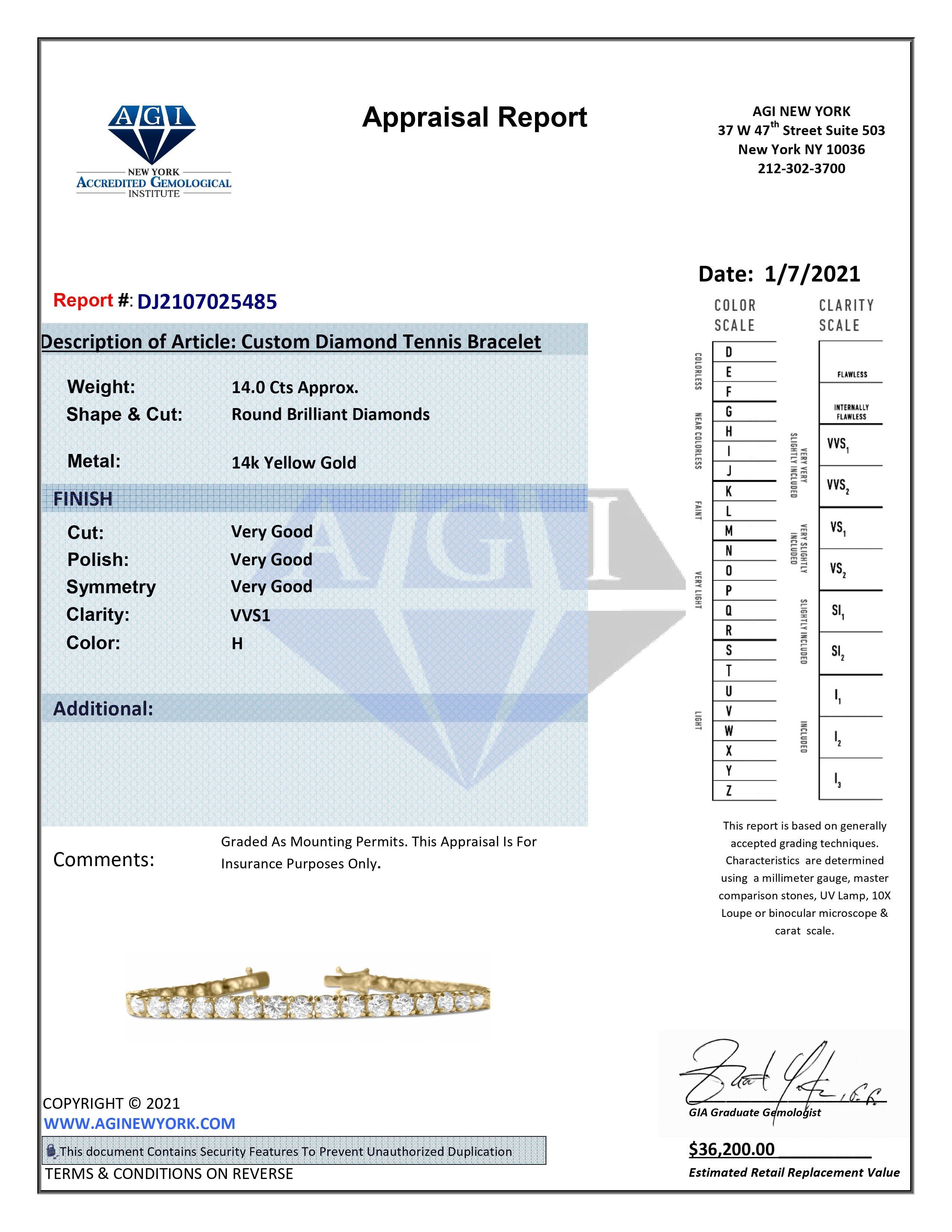 GIA Certified Custom 14.00 Carat Diamond Tennis Bracelet in 14 Karat Yellow Gold In New Condition For Sale In Miami, FL