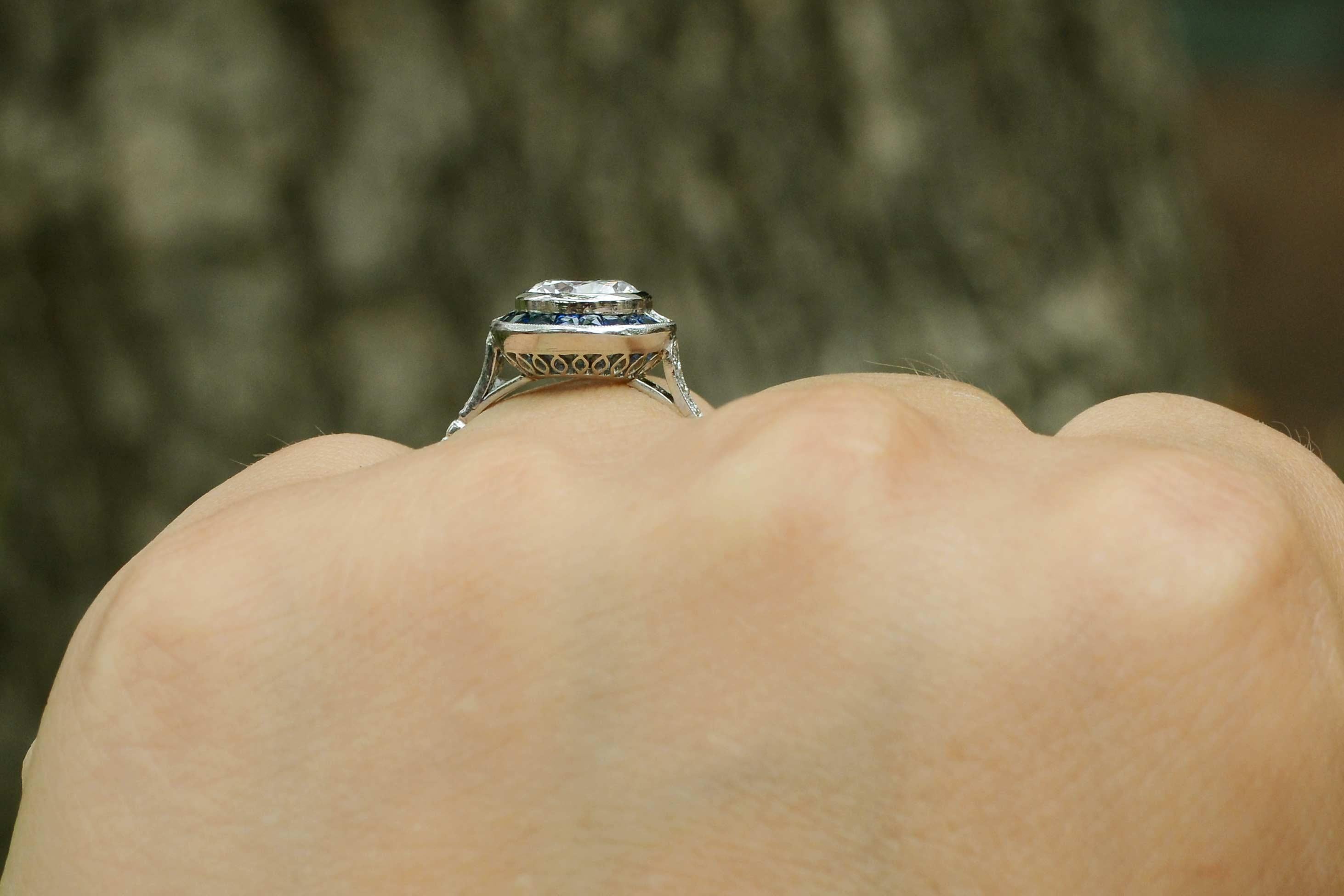 Brilliant Cut GIA Certified D Color 1.53 Ct Diamond Sapphire Art Deco Style Engagement Ring For Sale