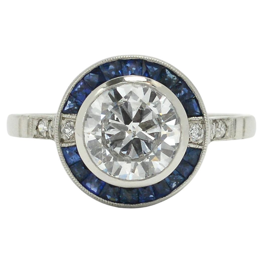 GIA Certified D Color 1.53 Ct Diamond Sapphire Art Deco Style Engagement Ring