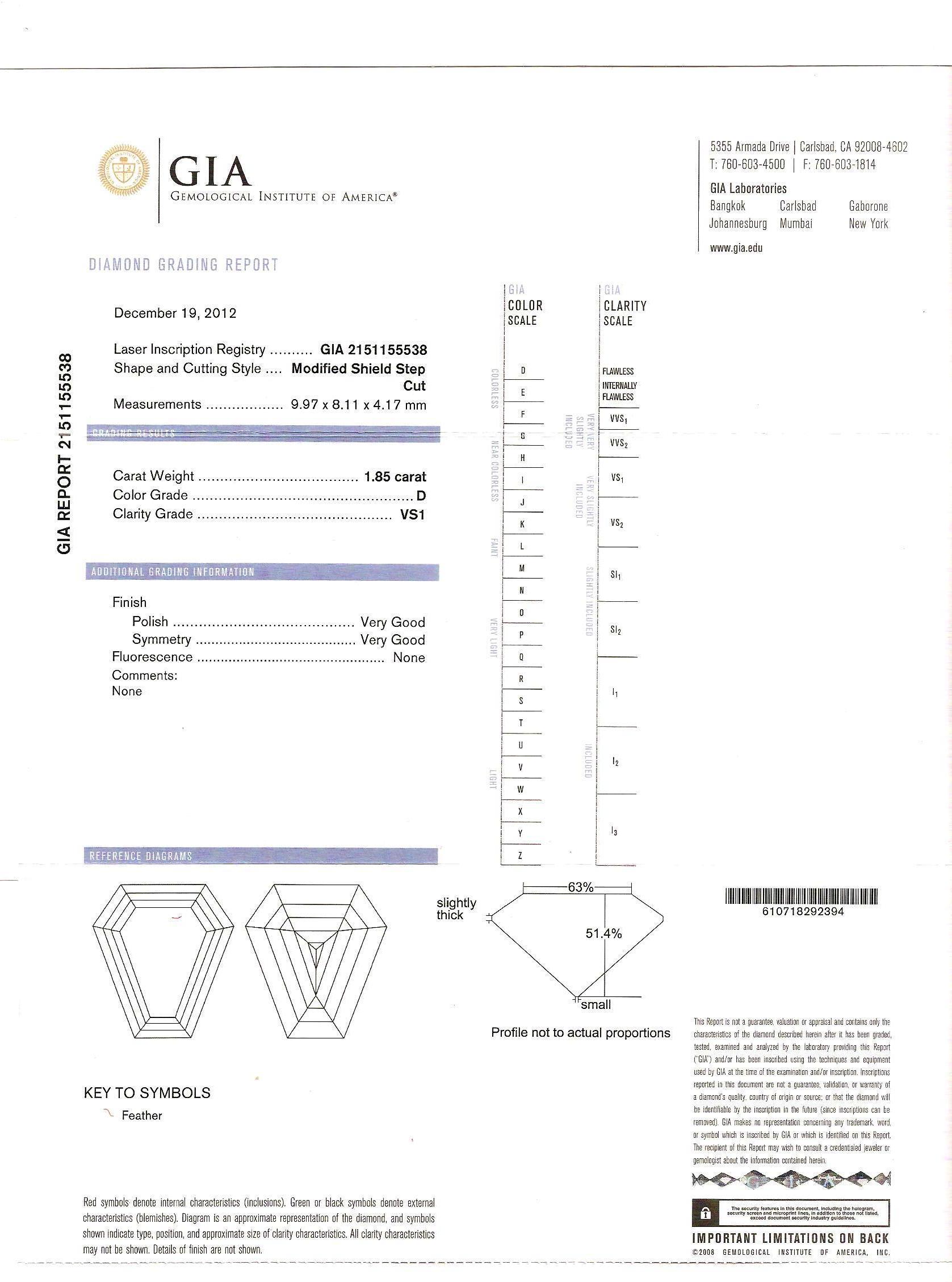 GIA Certified D Color 1.85 Carat Shield Cut Diamond Ring in Platinum/14 Karat 2