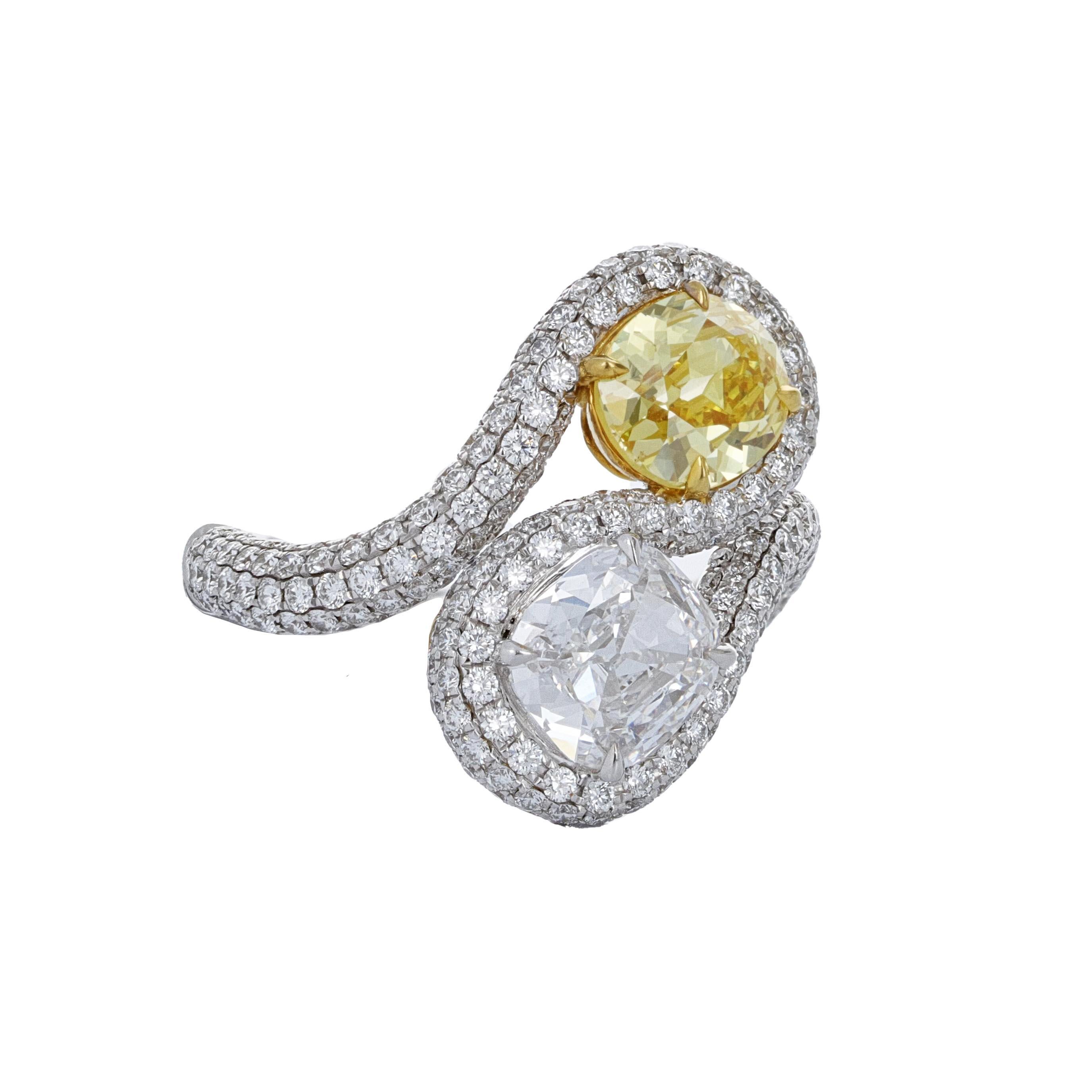 Mixed Cut GIA Fancy Intense Yellow and D Internally Flawless Diamond Bypass Ring