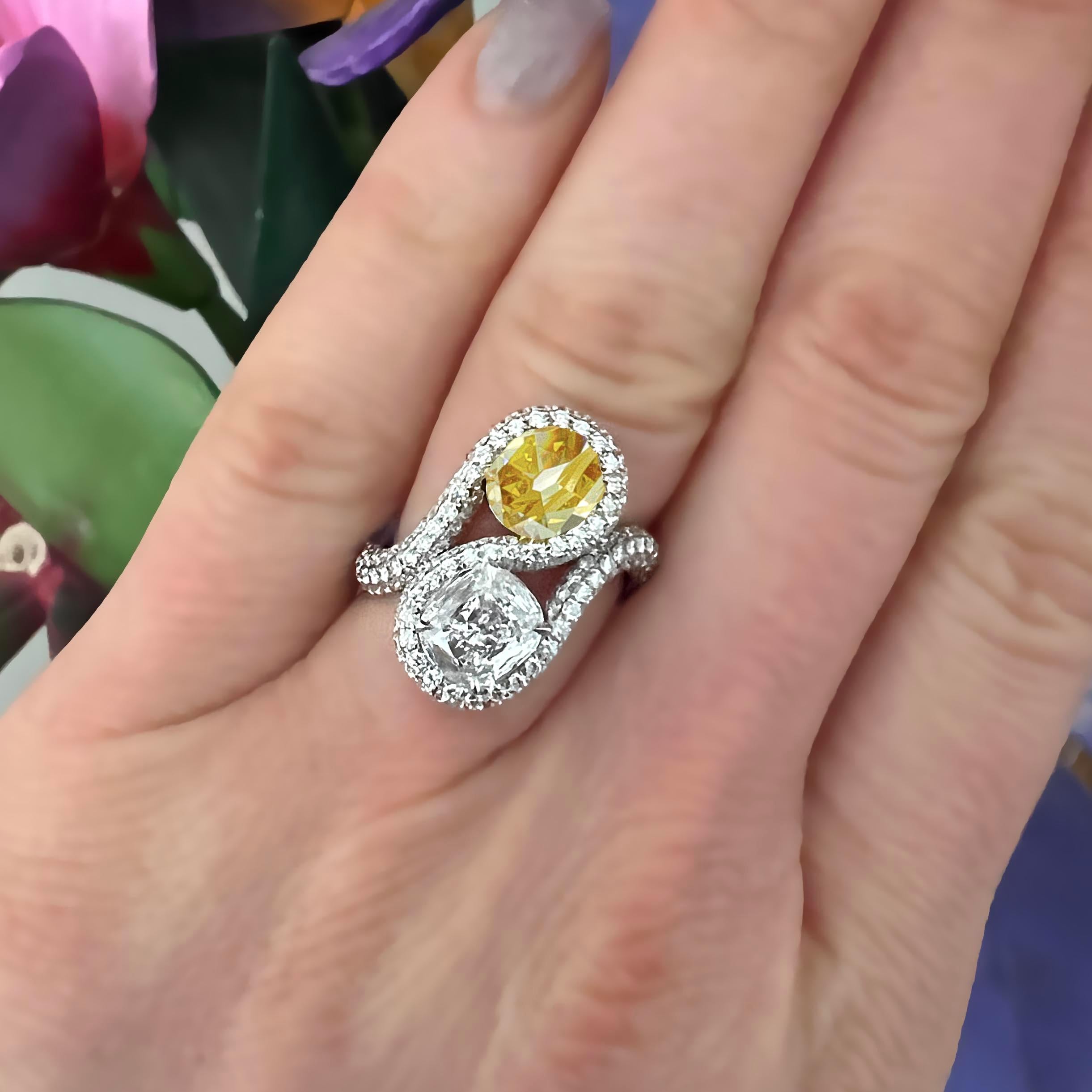 GIA Fancy Intense Yellow and D Internally Flawless Diamond Bypass Ring In New Condition In Beverly Hills, CA