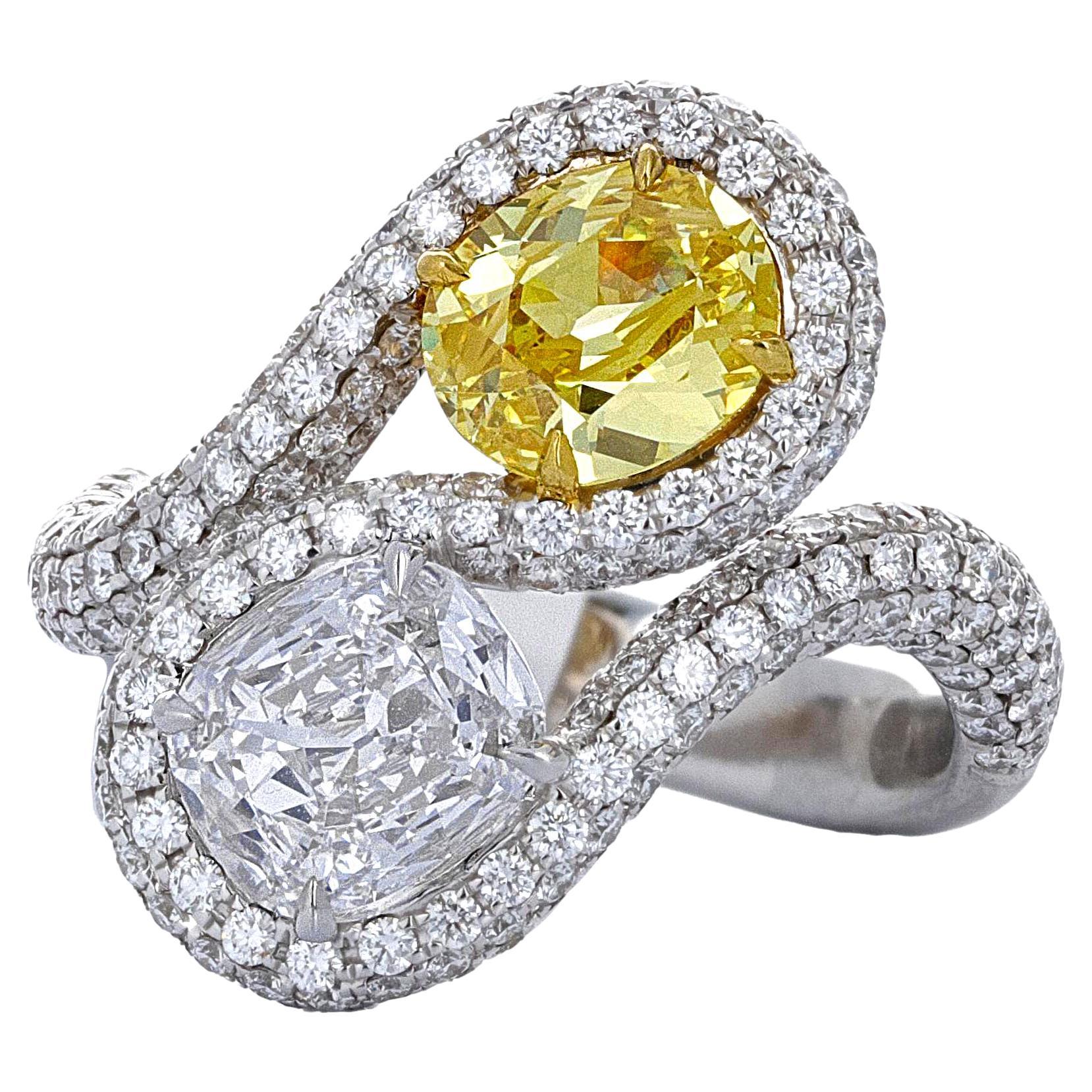 GIA Fancy Intense Yellow and D Internally Flawless Diamond Bypass Ring