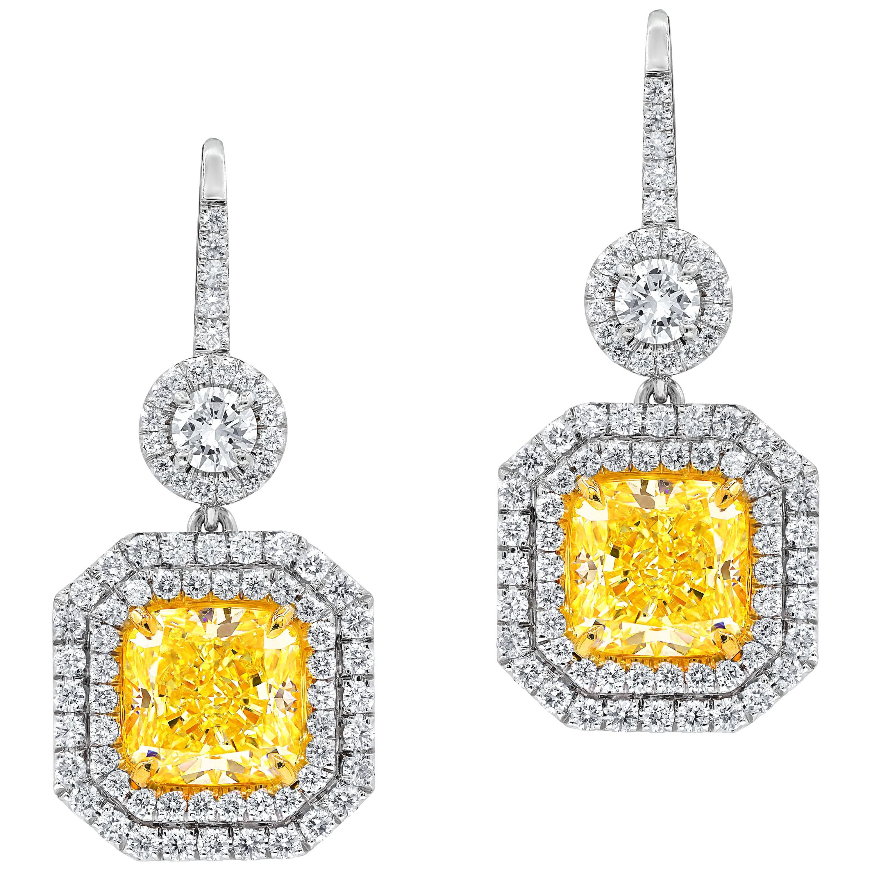 GIA Certified Dangling Natural Fancy Yellow Halo Diamond Earrings
