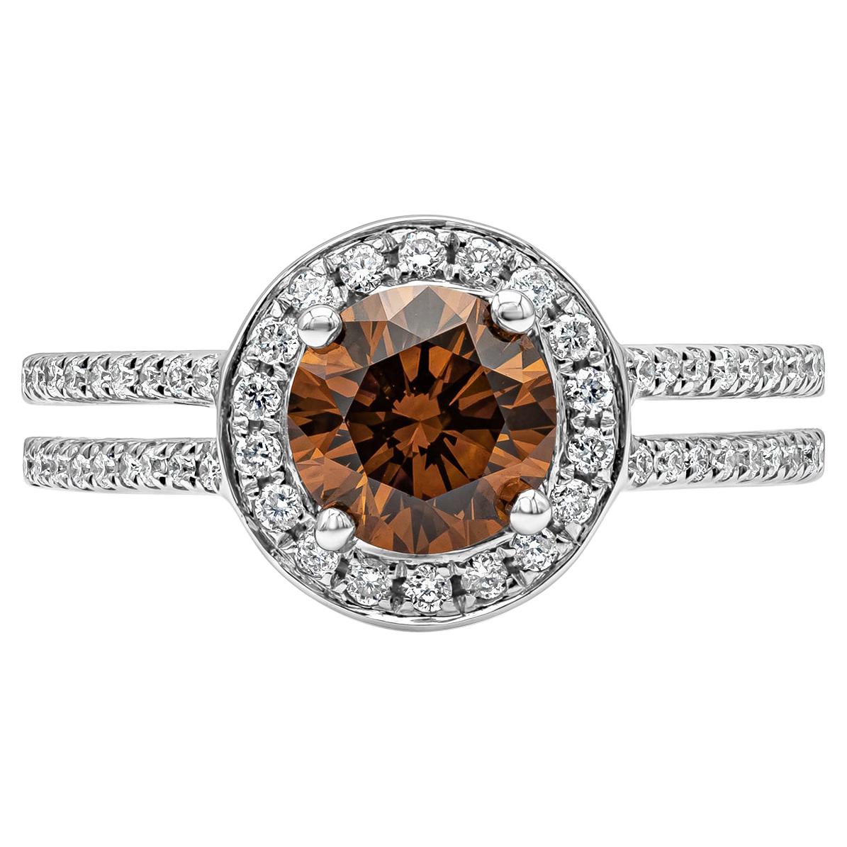 1.05 Carat Round Shape Deep Brownish Yellow Orange Diamond Halo Engagement Ring