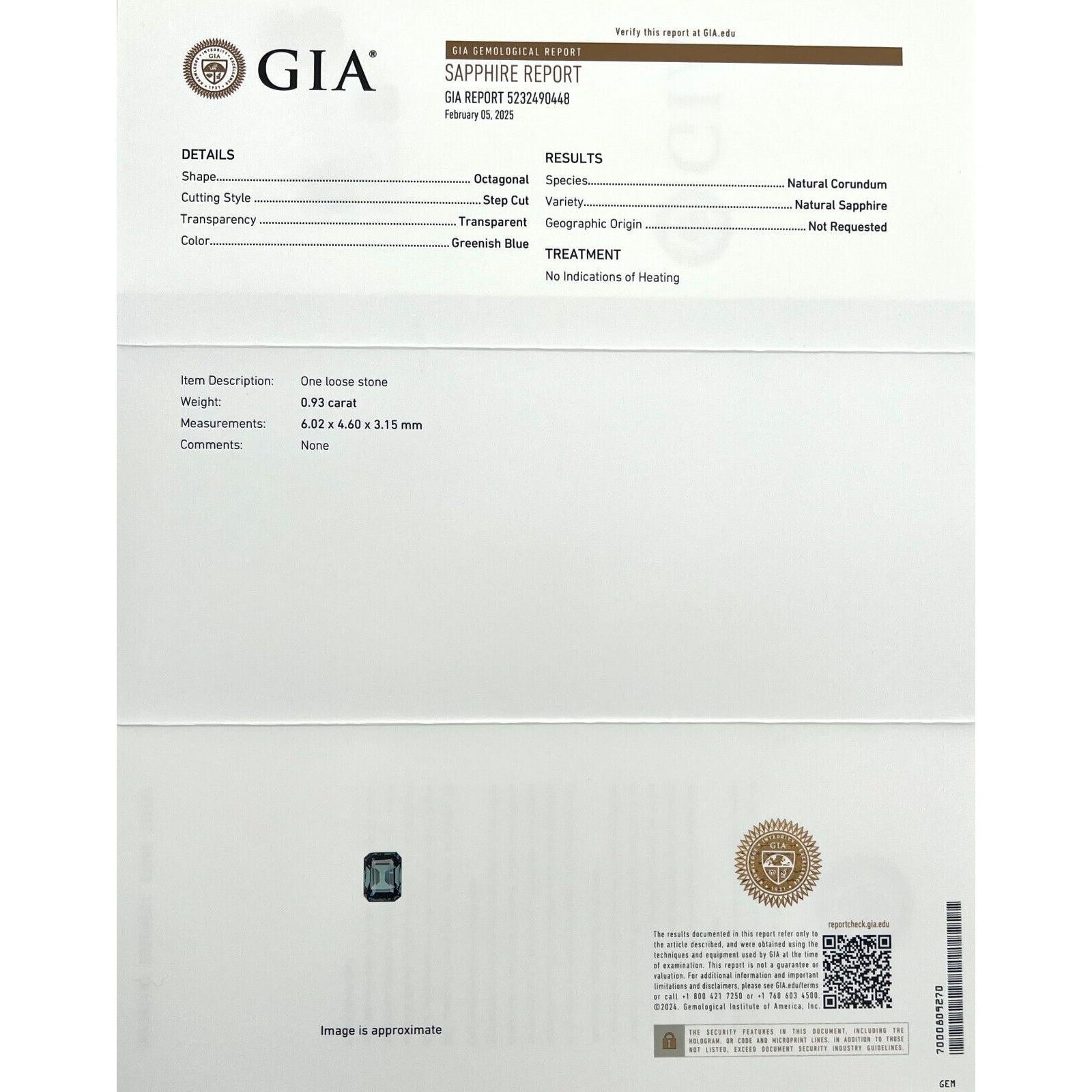Zafiro Azul Verde Profundo Certificado por GIA 0,93ct Octágono Talla Esmeralda Sin Calentar

Gema de zafiro azul profundo natural de talla esmeralda sin tratar certificada por el GIA.
Zafiro de 0,93 quilates de color azul verdoso intenso. También