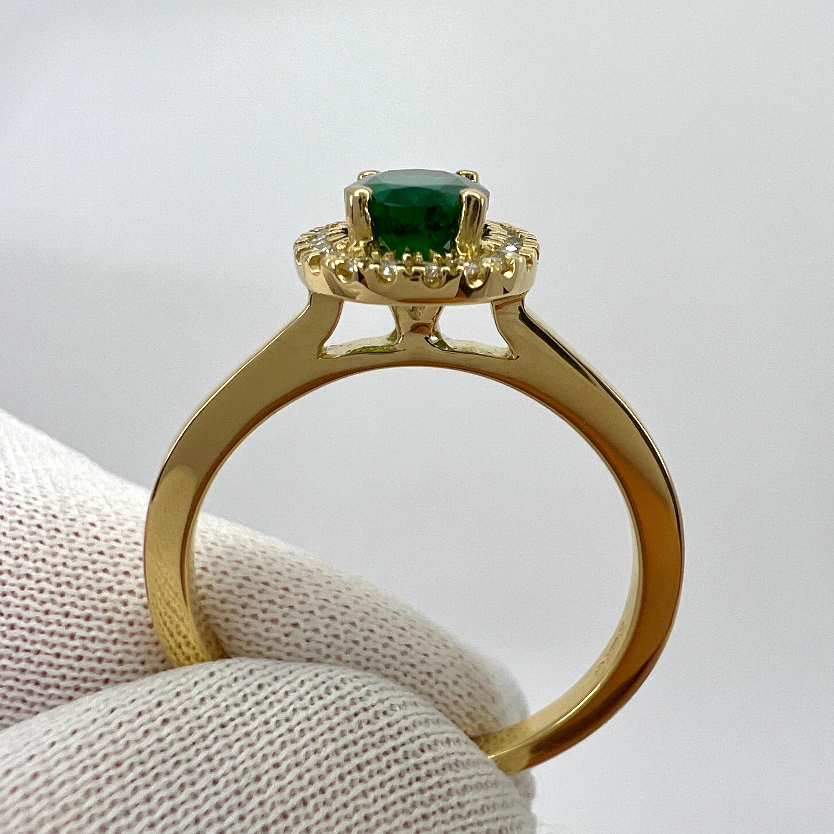 GIA Certified Deep Green Emerald And Diamond 18k Yellow Gold Cluster Halo Ring For Sale 5
