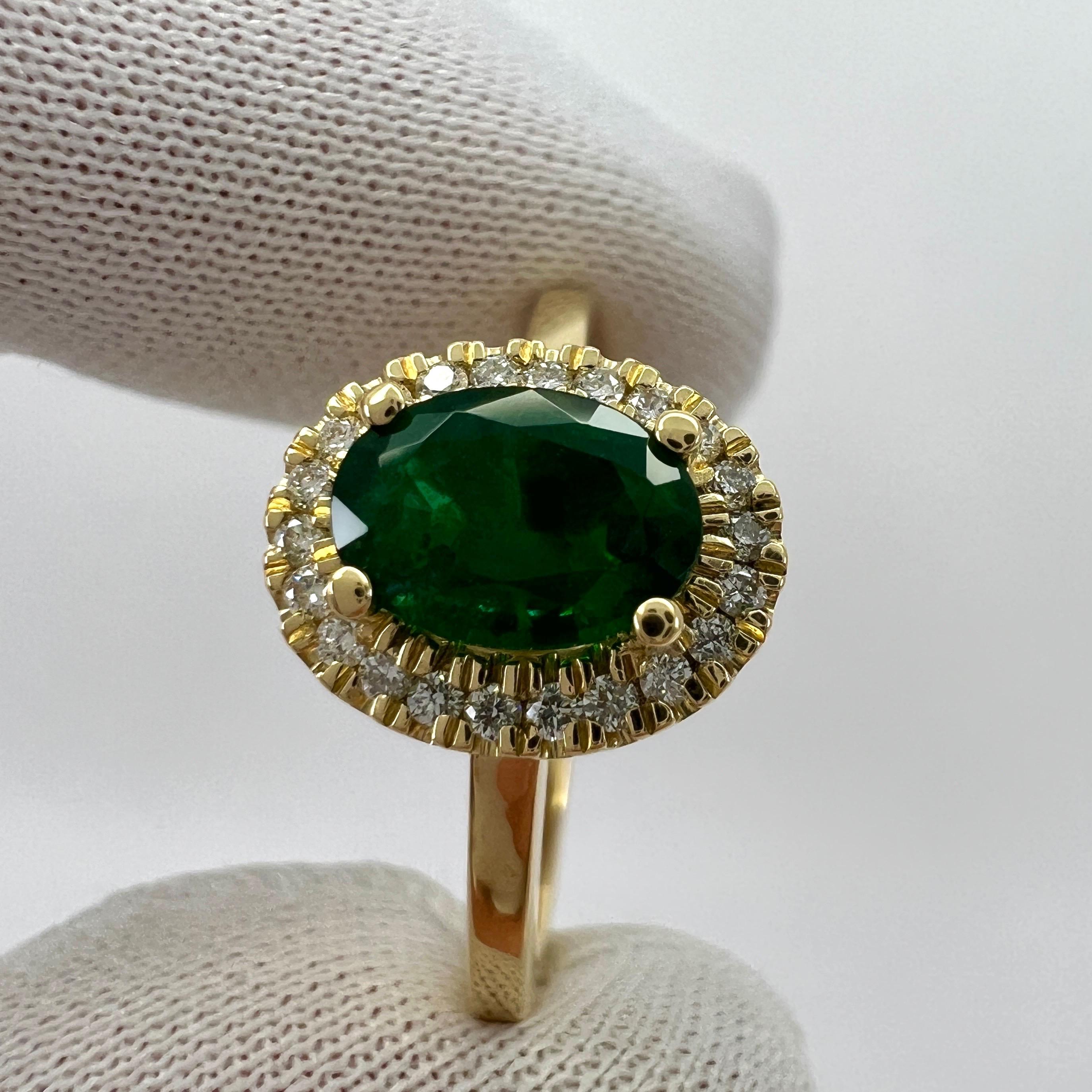 GIA Certified Deep Green Emerald And Diamond 18k Yellow Gold Cluster Halo Ring For Sale 6