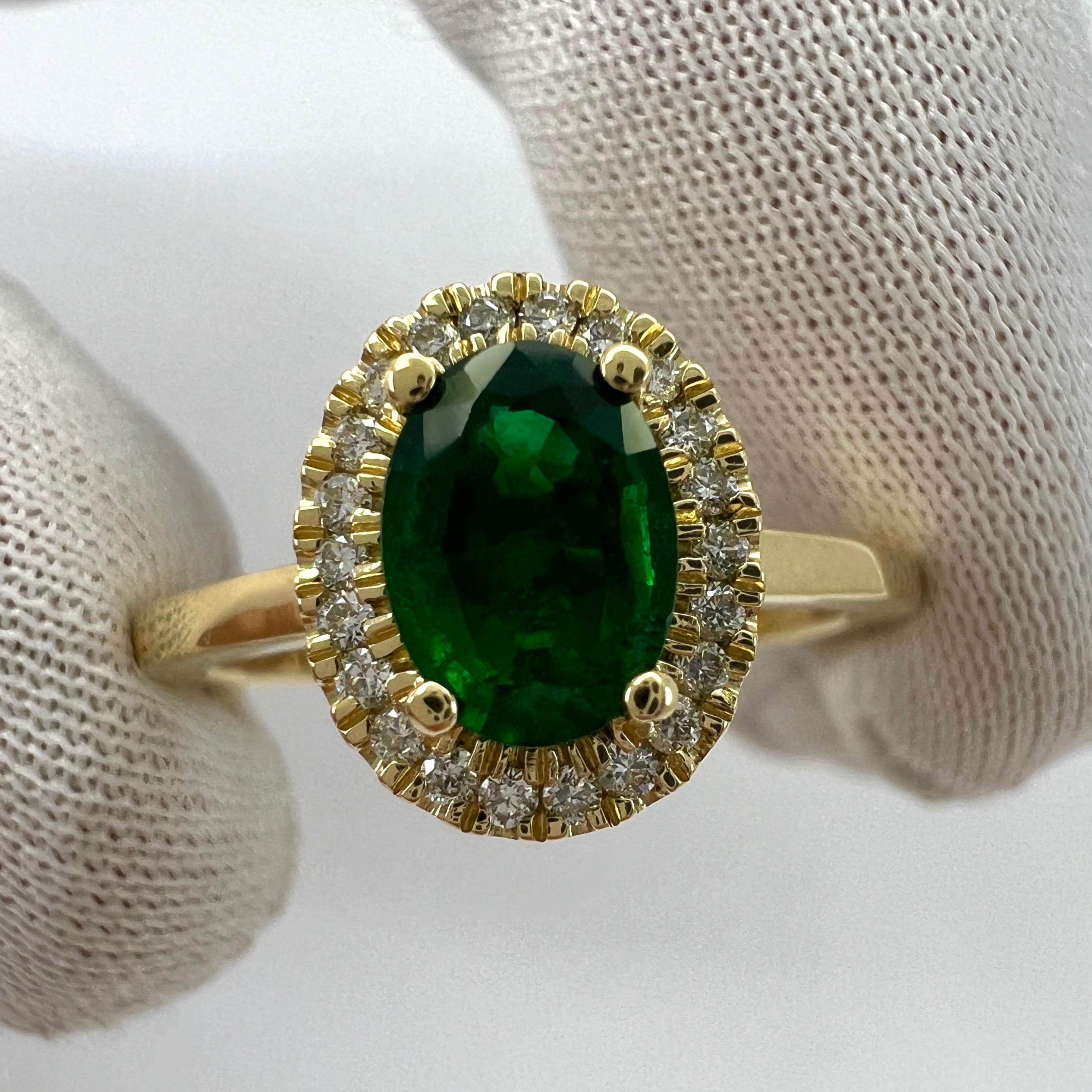 GIA Certified Deep Green Emerald And Diamond 18k Yellow Gold Cluster Halo Ring For Sale 7