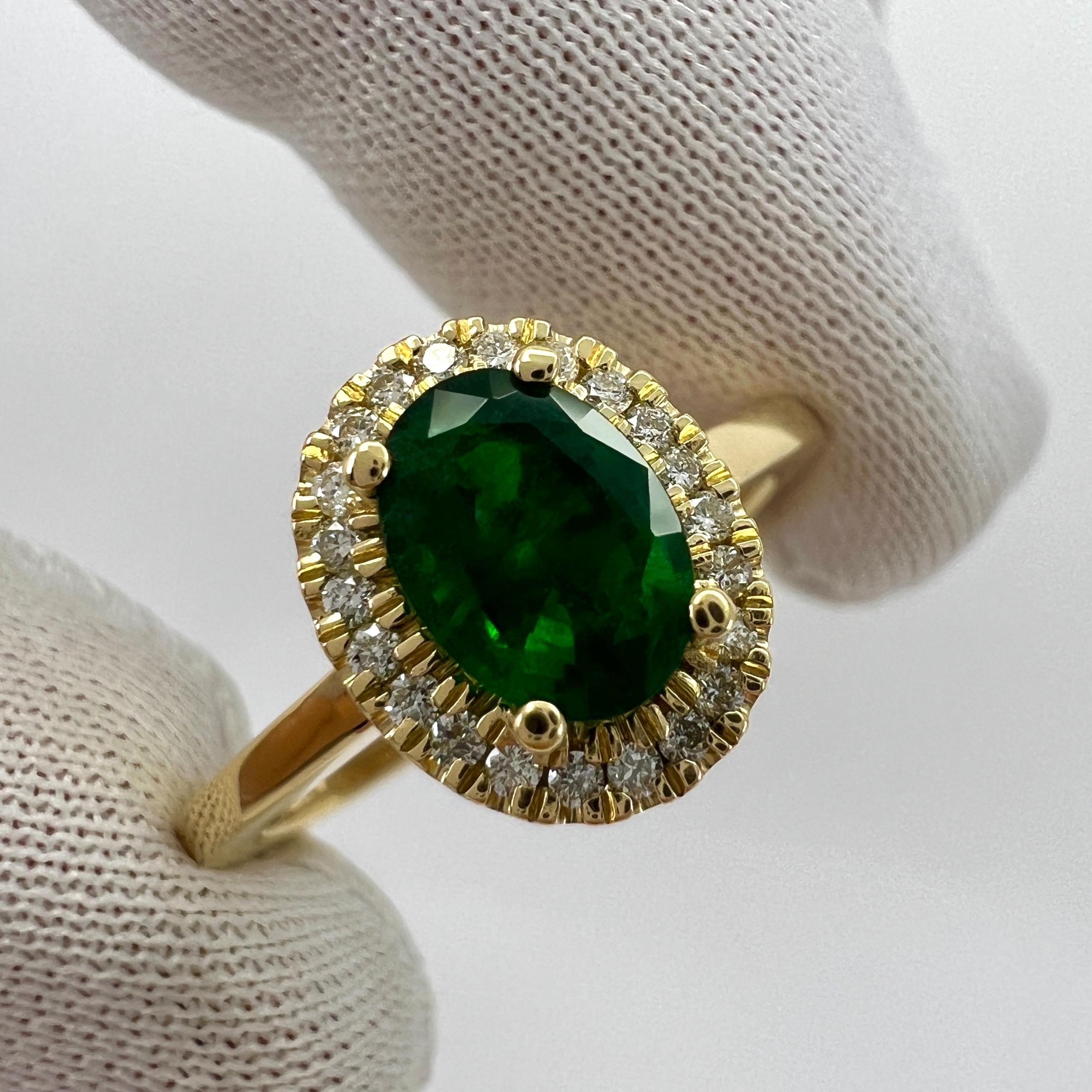 GIA Certified Deep Green Emerald And Diamond 18k Yellow Gold Cluster Halo Ring For Sale 1