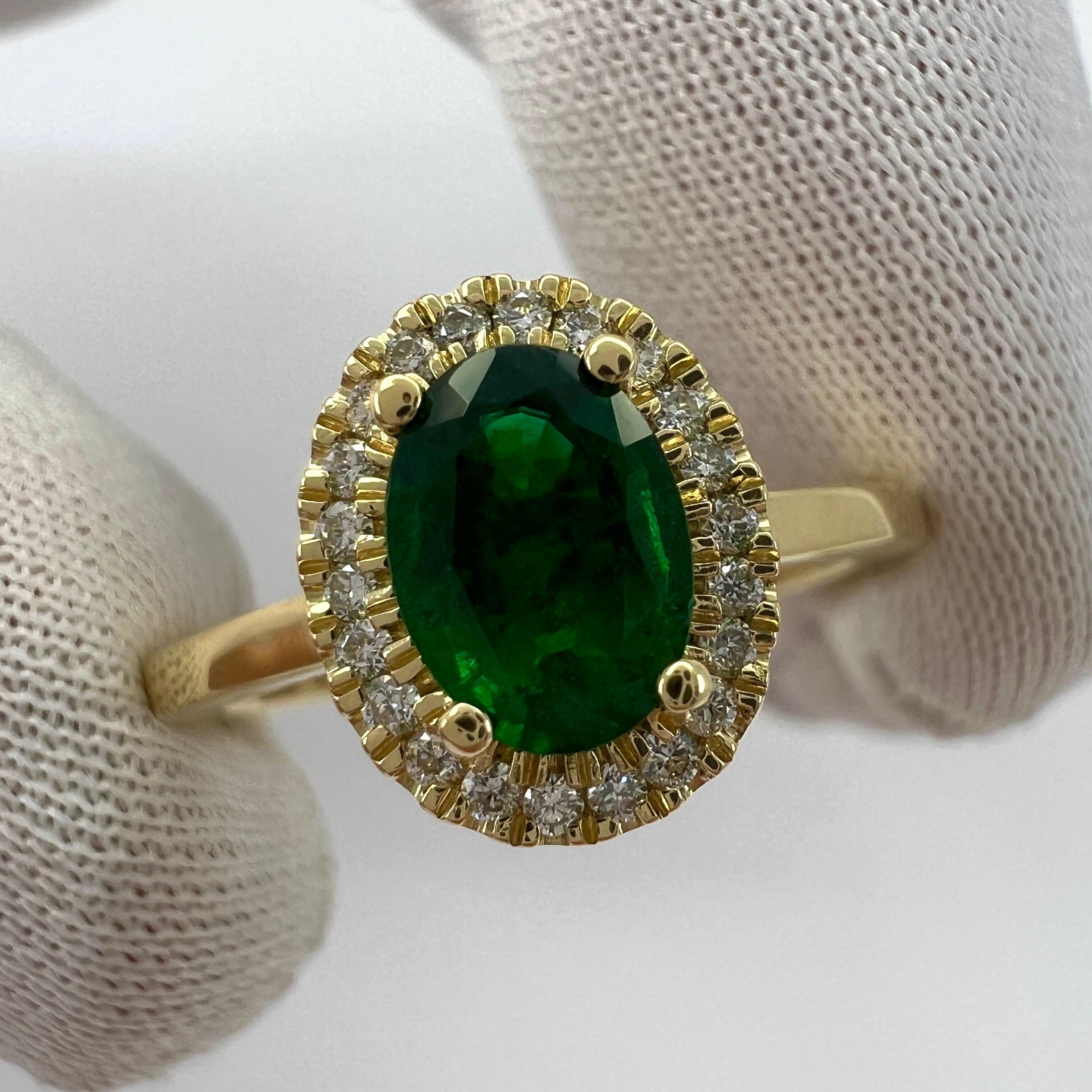 GIA Certified Deep Green Emerald And Diamond 18k Yellow Gold Cluster Halo Ring For Sale 2