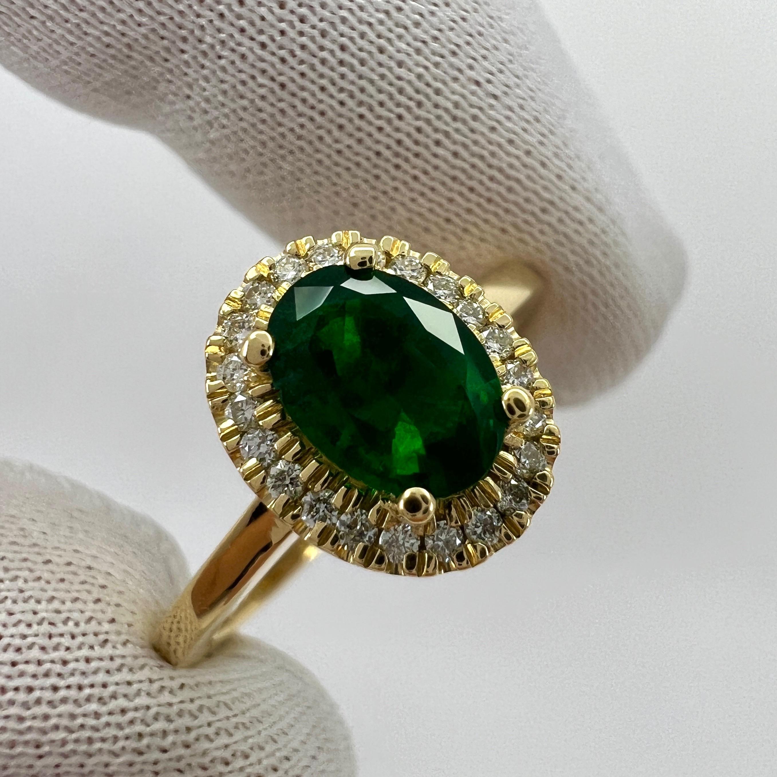 GIA Certified Deep Green Emerald And Diamond 18k Yellow Gold Cluster Halo Ring For Sale 3