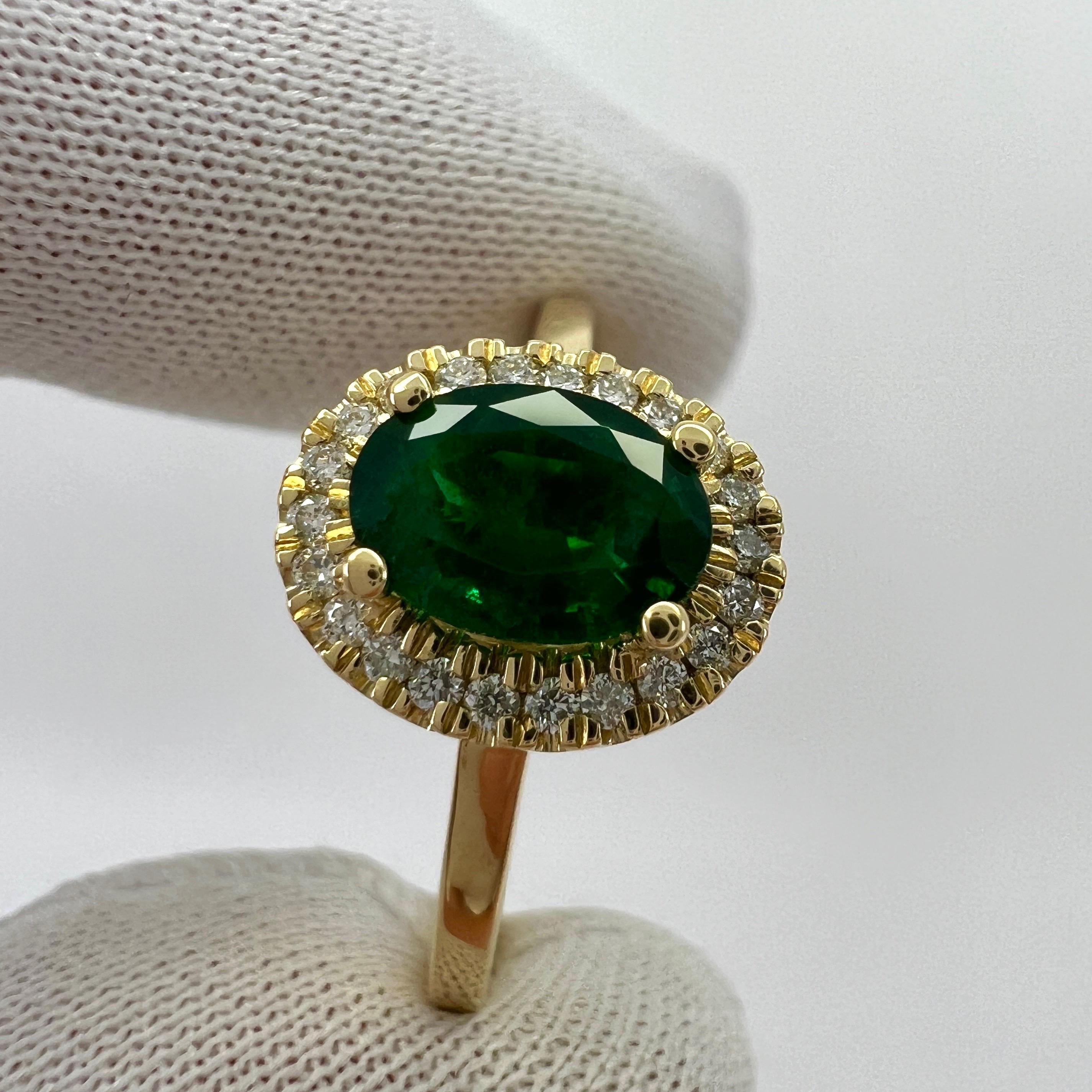 GIA Certified Deep Green Emerald And Diamond 18k Yellow Gold Cluster Halo Ring For Sale 4