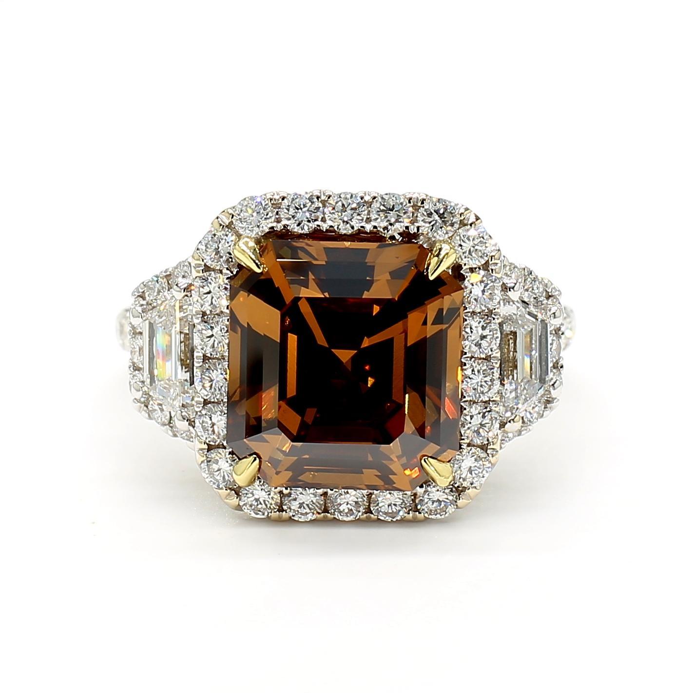 Contemporary GIA Certified Deep Orange-Brown Emerald Diamond 6.40 Carat TW Gold Cocktail Ring For Sale