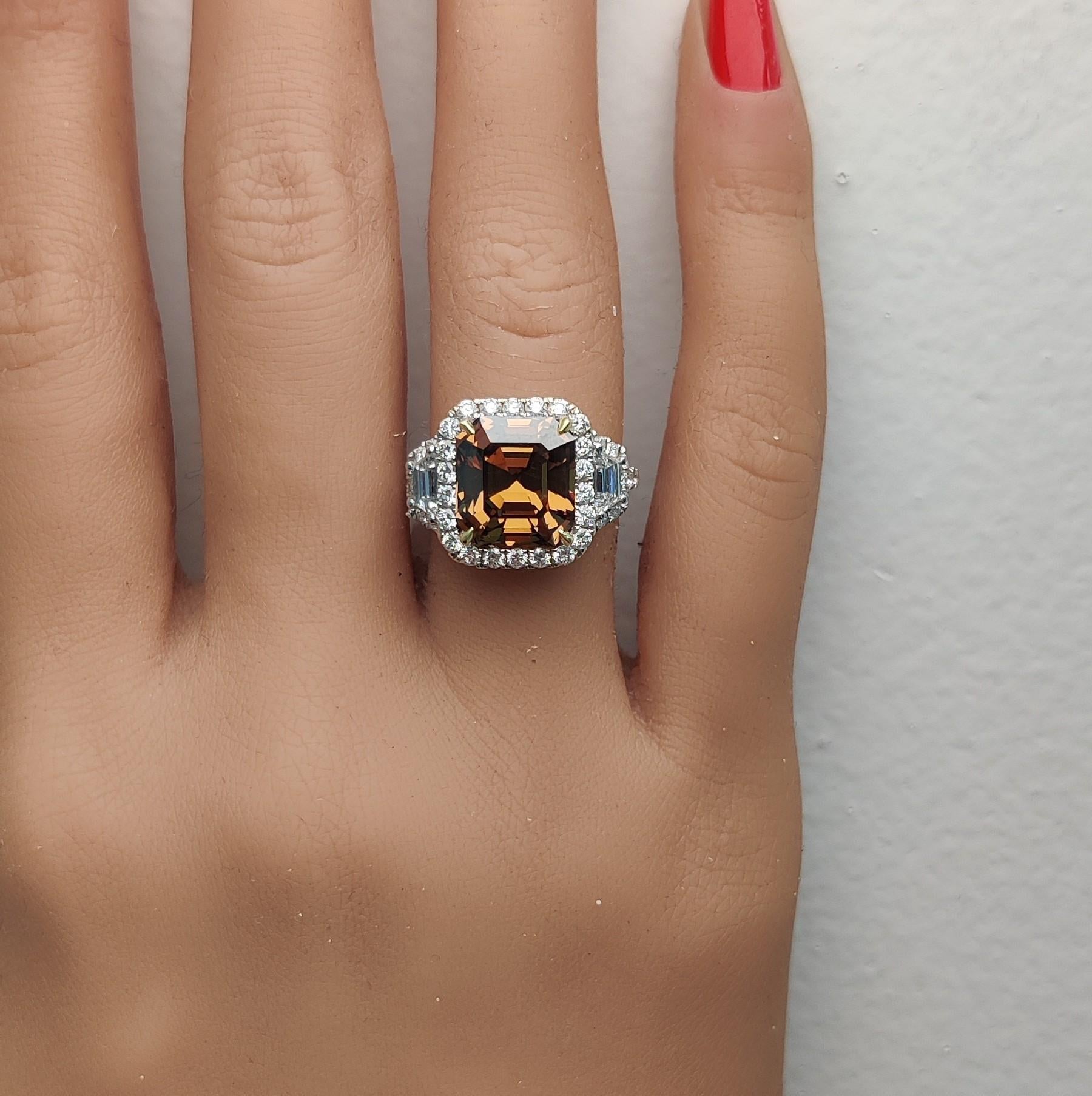 GIA Certified Deep Orange-Brown Emerald Diamond 6.40 Carat TW Gold Cocktail Ring In New Condition For Sale In New York, NY
