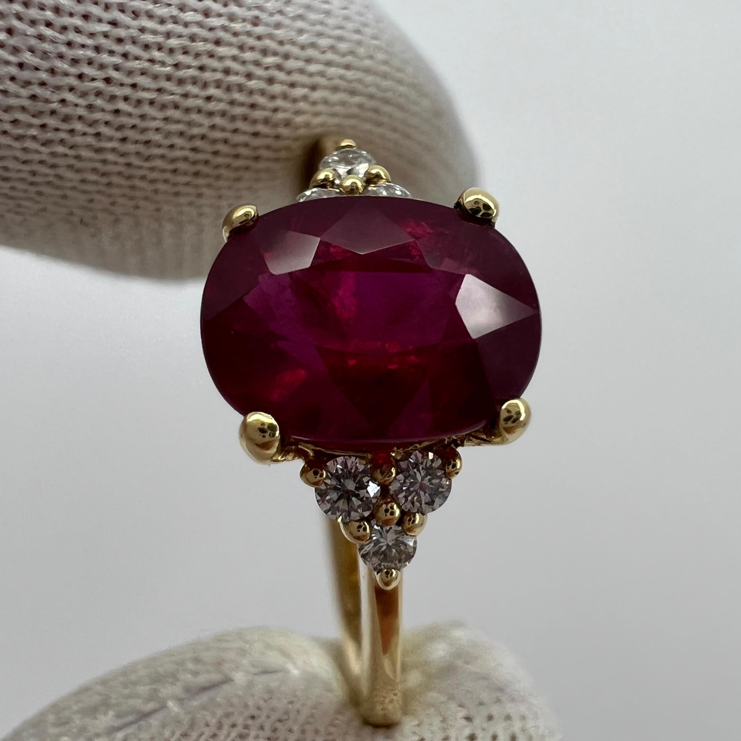 GIA Certified Deep Red Untreated Ruby and Diamond Oval Cut 18k Yellow Gold Ring 6